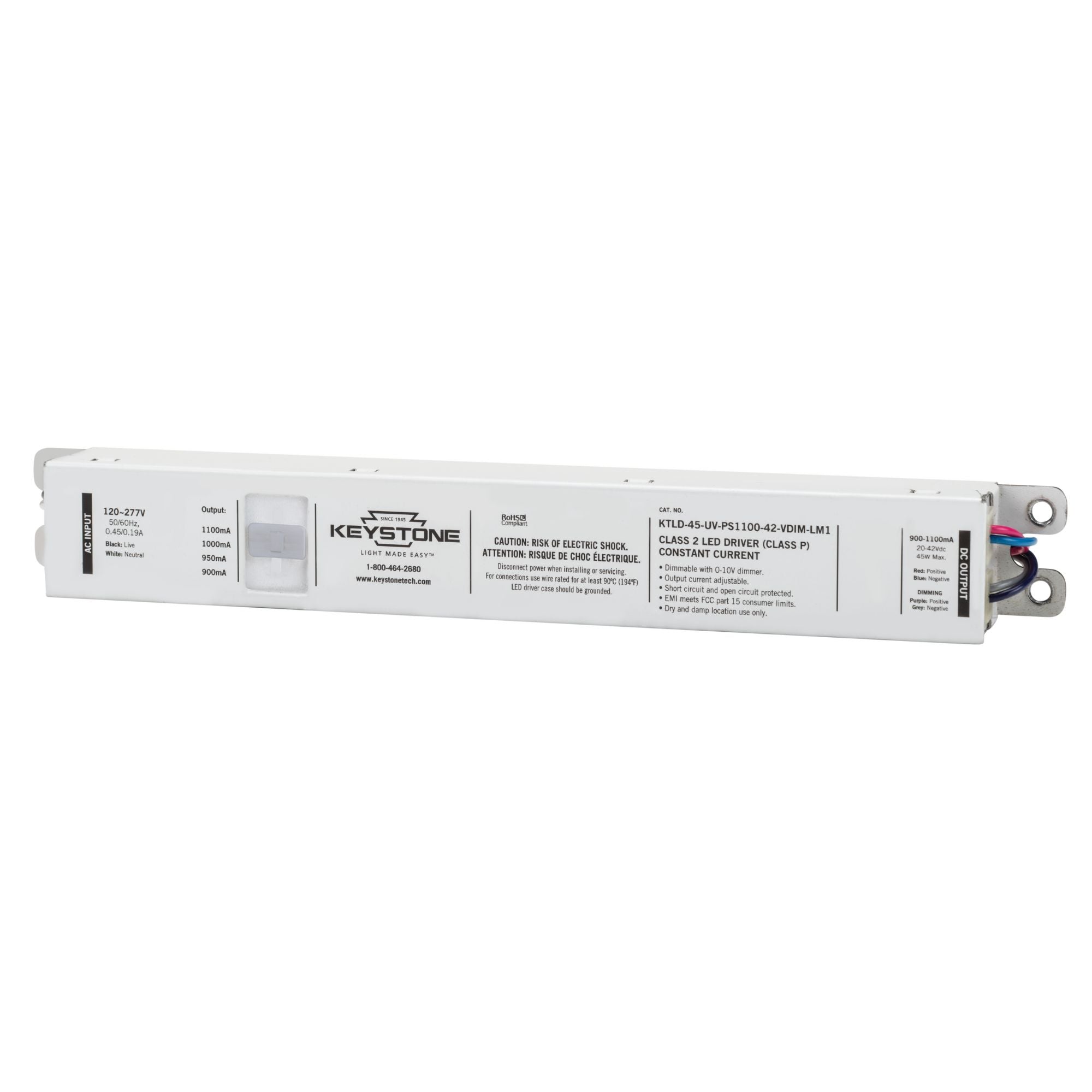 45 Watts LED Driver, Selectable Current 900-1100mA, 0-10V Dimming, 120-277V