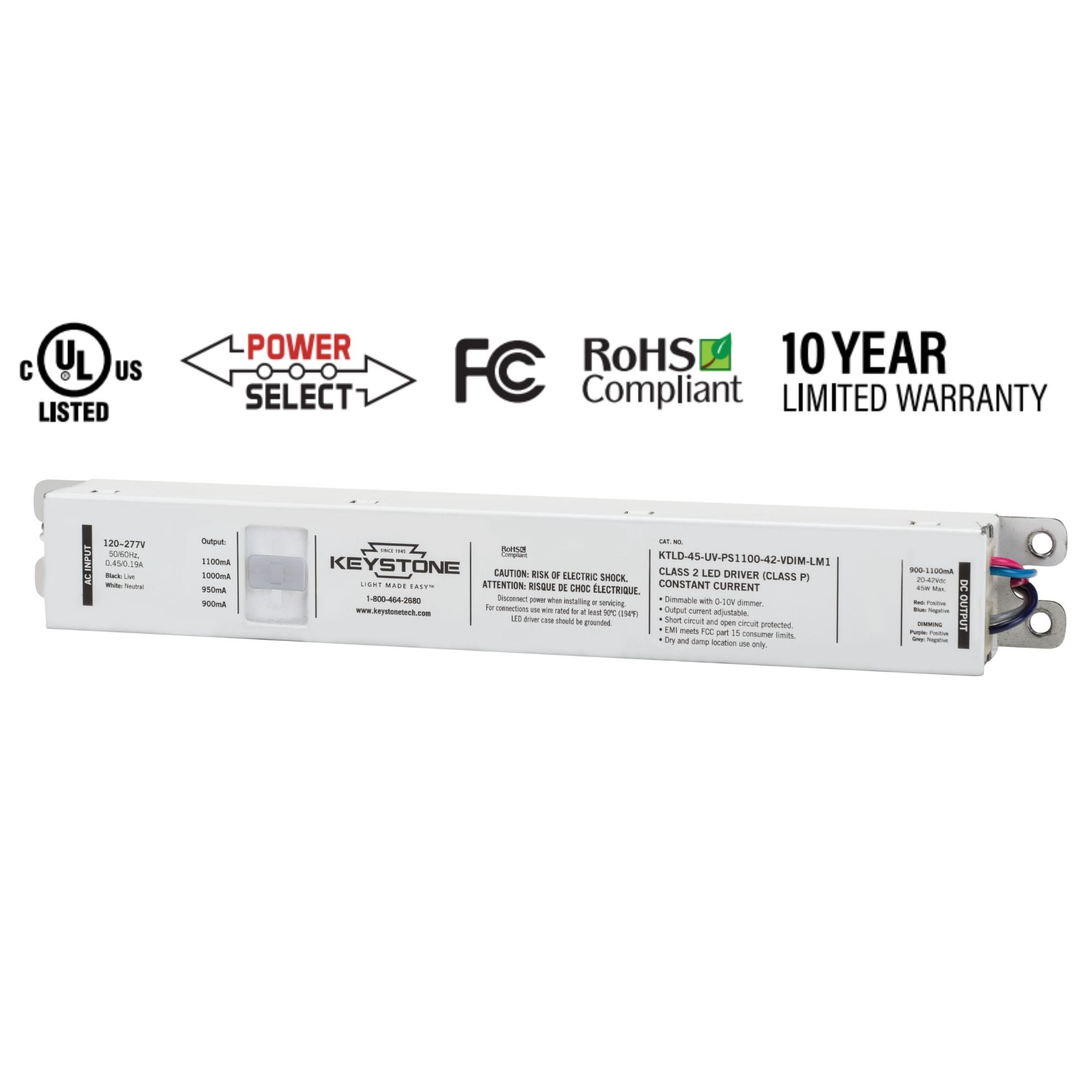 45 Watts LED Driver, Selectable Current 900-1100mA, 0-10V Dimming, 120-277V