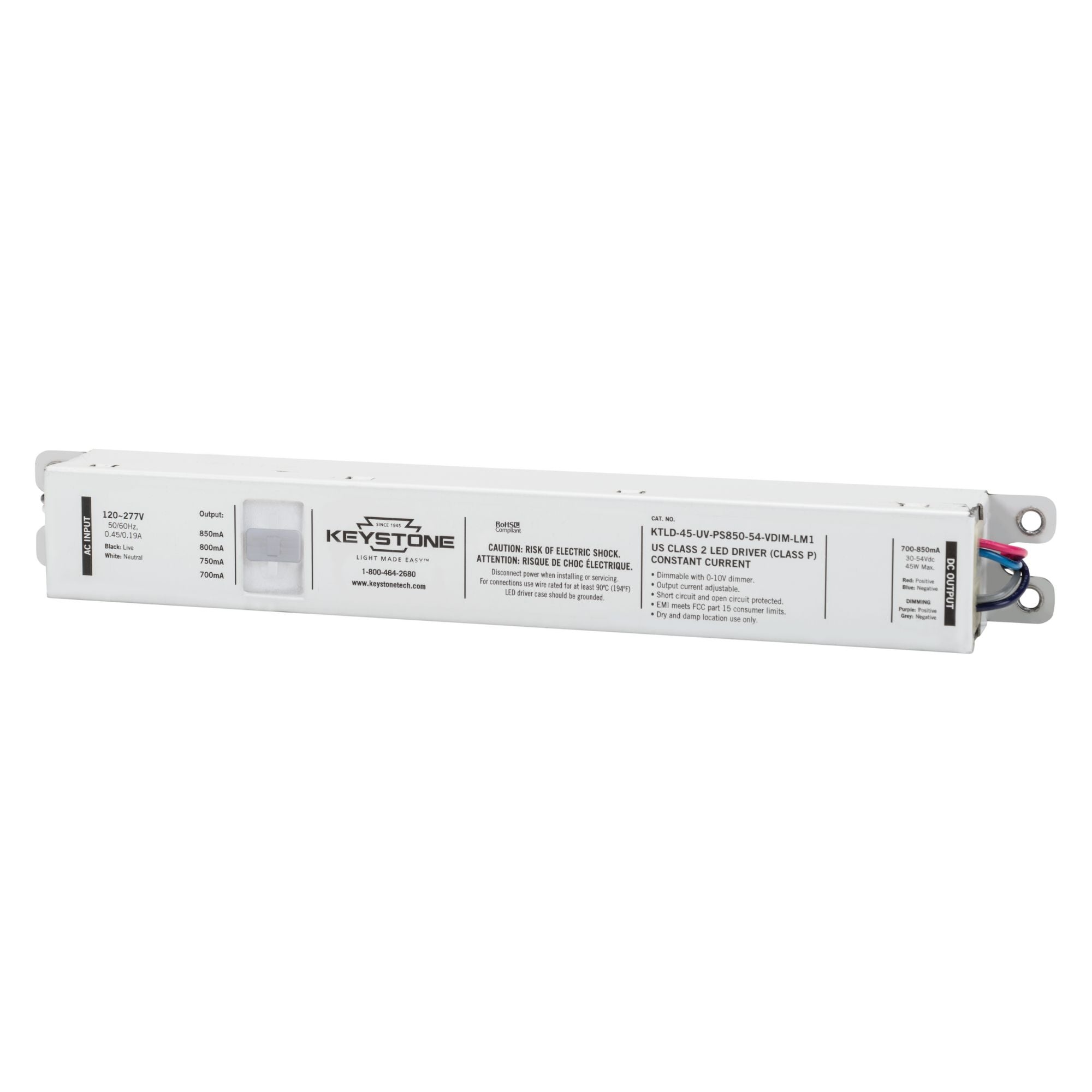 45 Watts LED Driver, Selectable Current 700-850mA, 0-10V Dimming, 120-277V