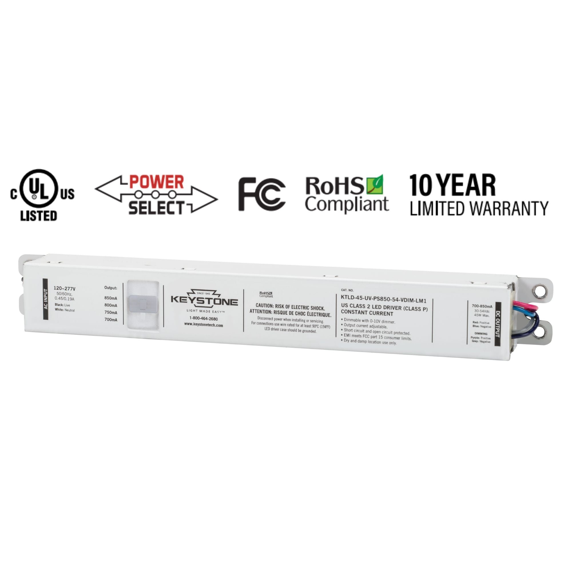 45 Watts LED Driver, Selectable Current 700-850mA, 0-10V Dimming, 120-277V