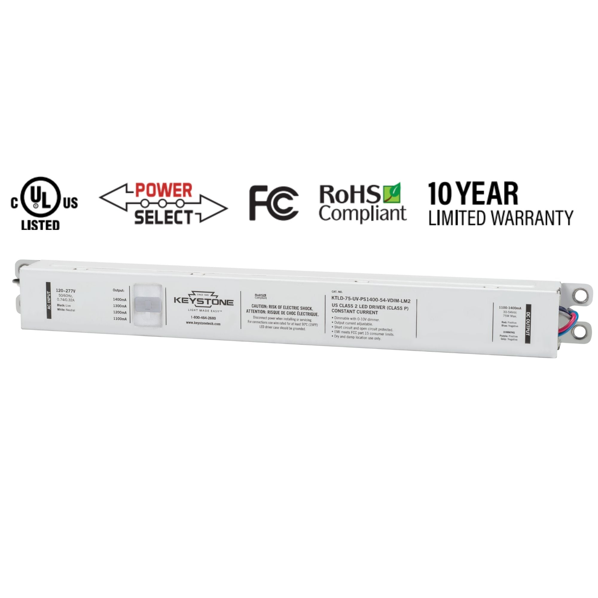 75 Watts LED Driver, Selectable Current 1100-1400mA, 0-10V Dimming, 120-277V