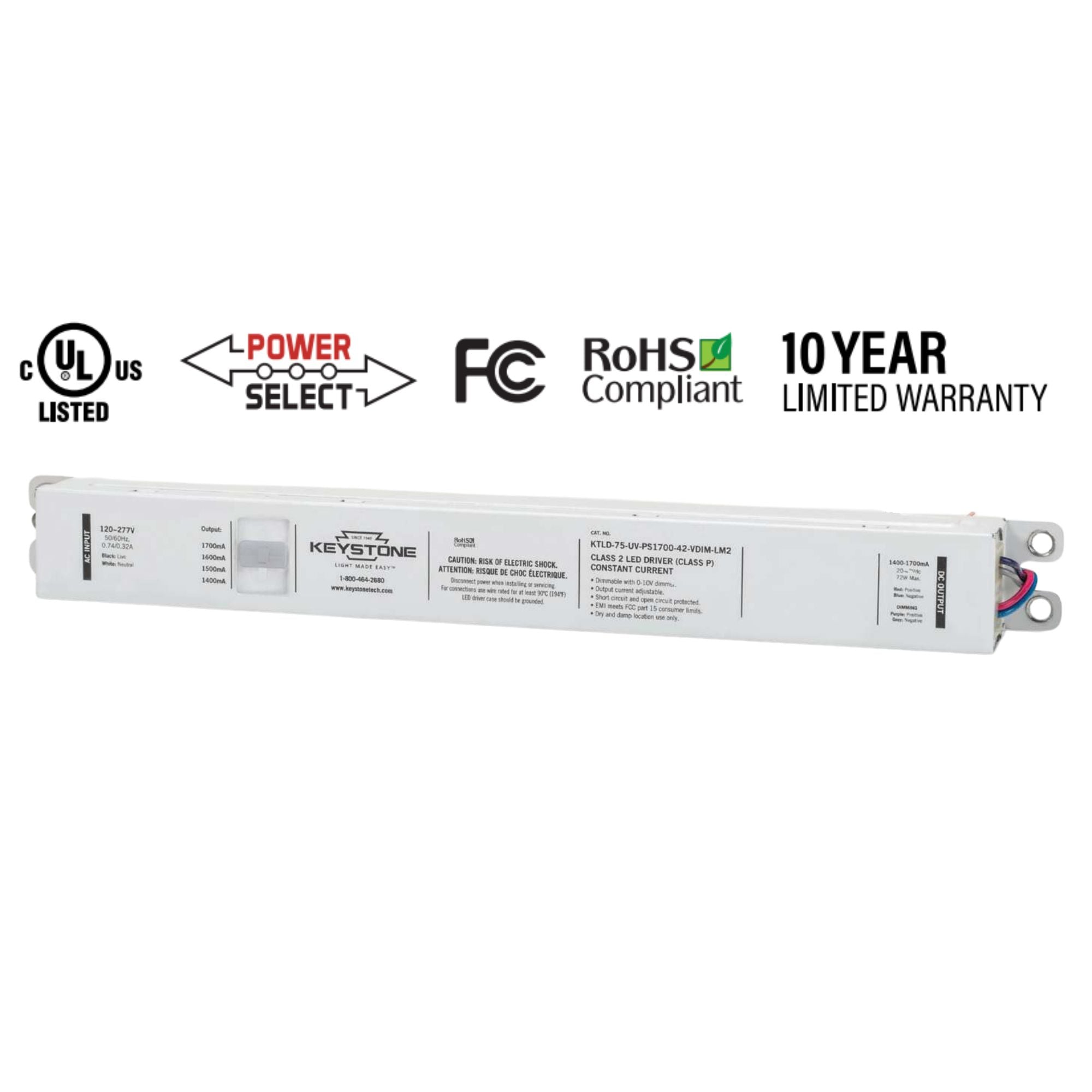 75 Watts LED Driver, Selectable Current 1400-1700mA, 0-10V Dimming, 120-277V