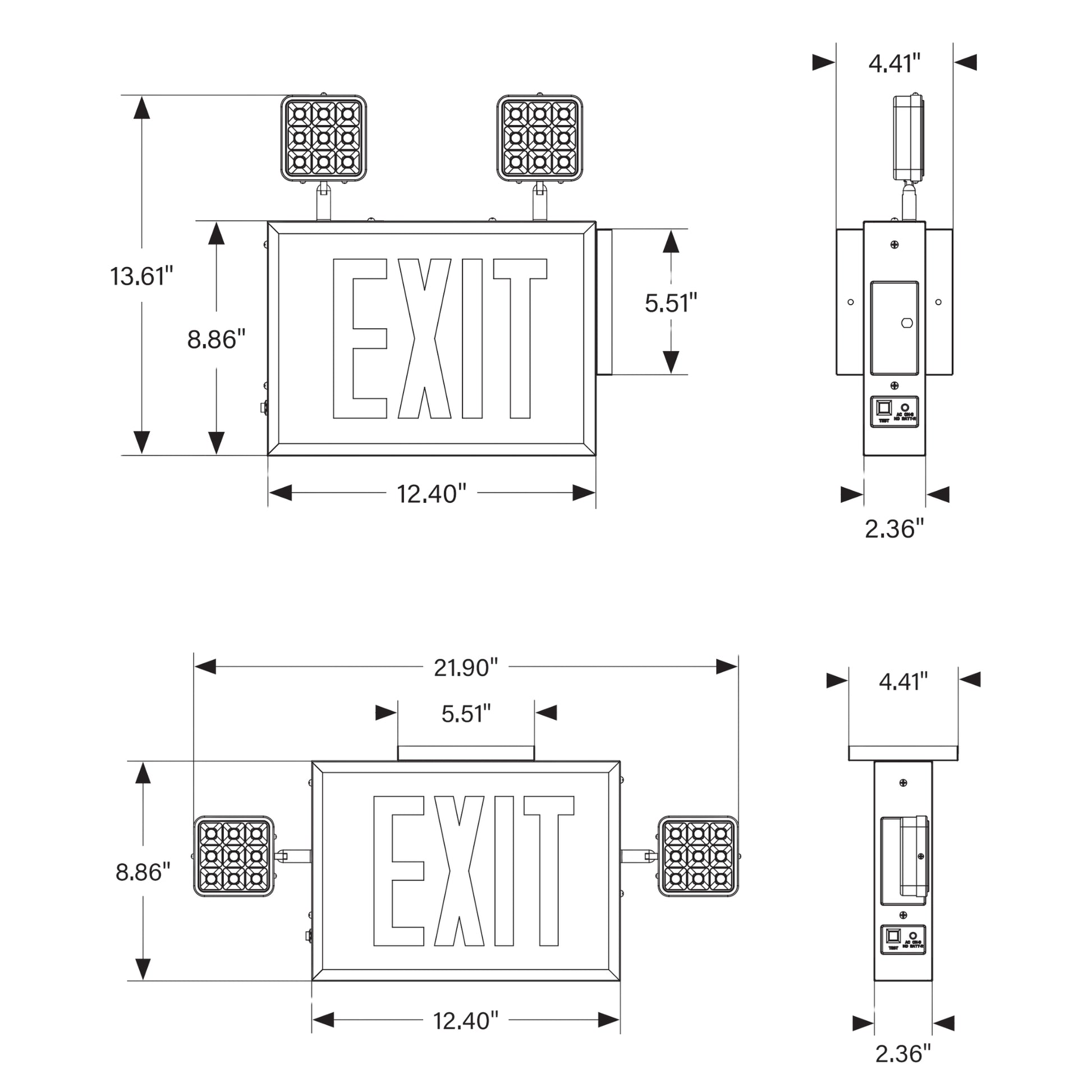 LED Combo Exit Sign, Single Face, Red Letters, White, High Lumens Output - Bees Lighting