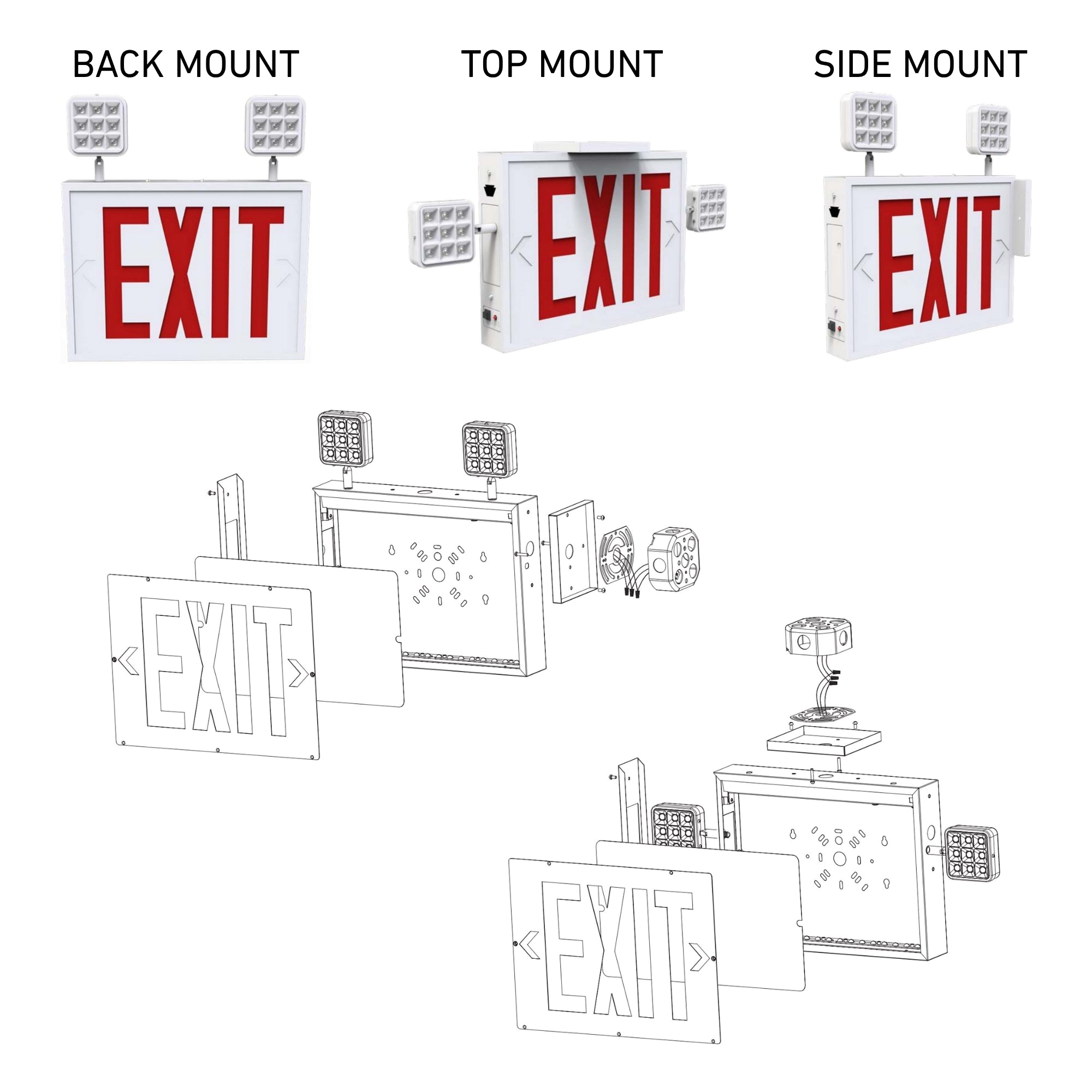 LED Combo Exit Sign, Single/Double Face, Red Letters, White - Bees Lighting