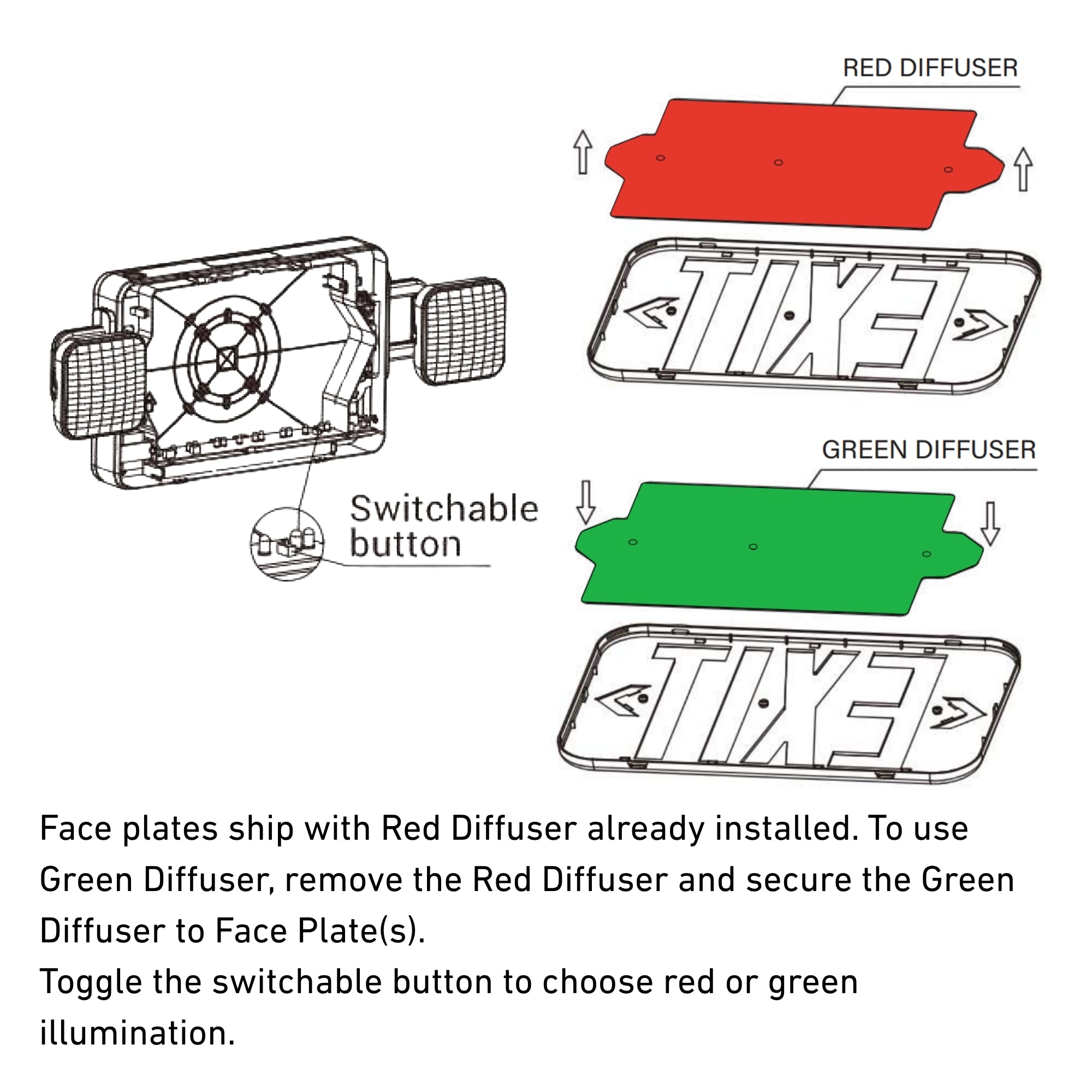 LED Combo Exit Sign, Single/Double Face, Red/Green Letters, White, Remote Capable - Bees Lighting