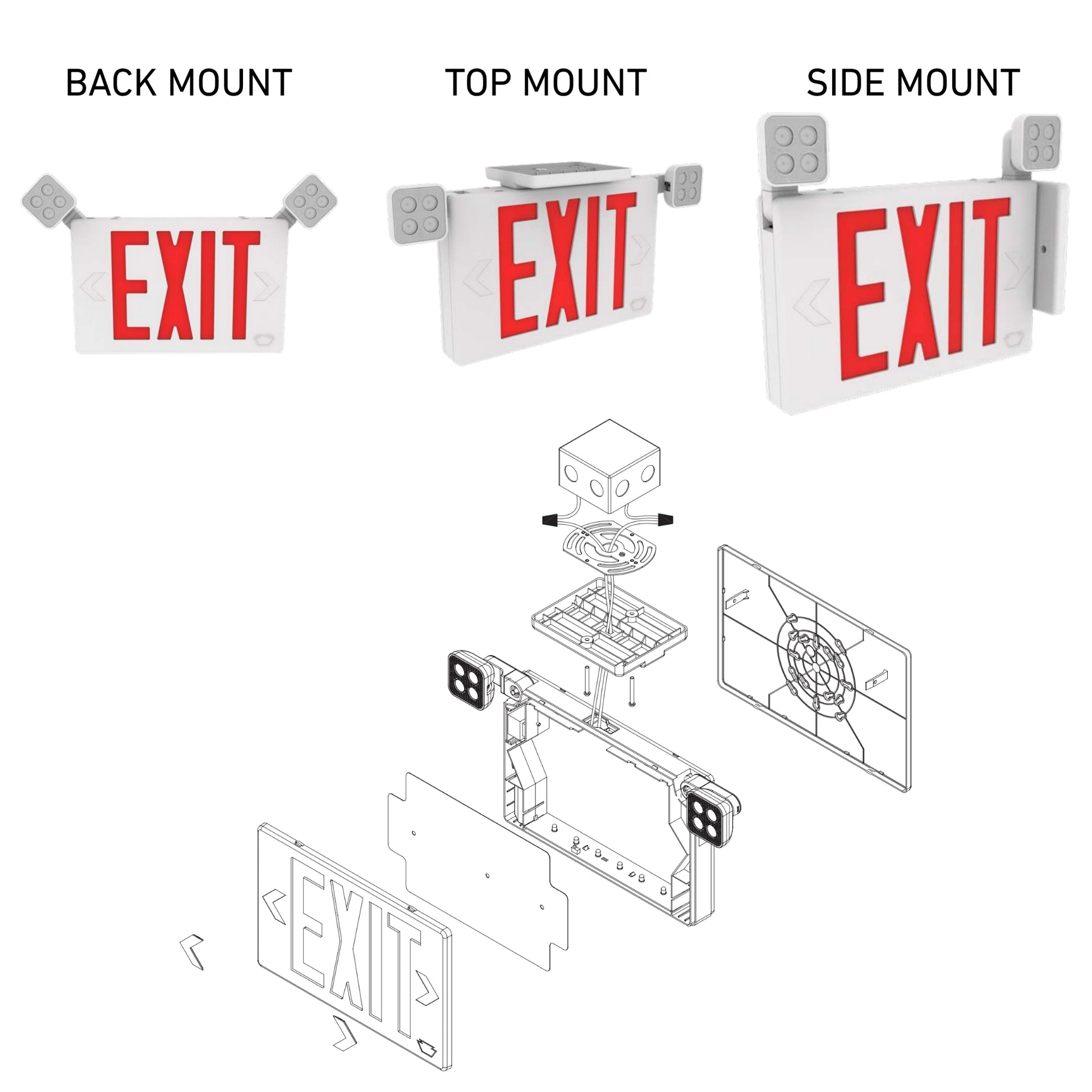 LED Combo Exit Sign, Single/Double Face, Red/Green Letters, White, Remote Capable - Bees Lighting