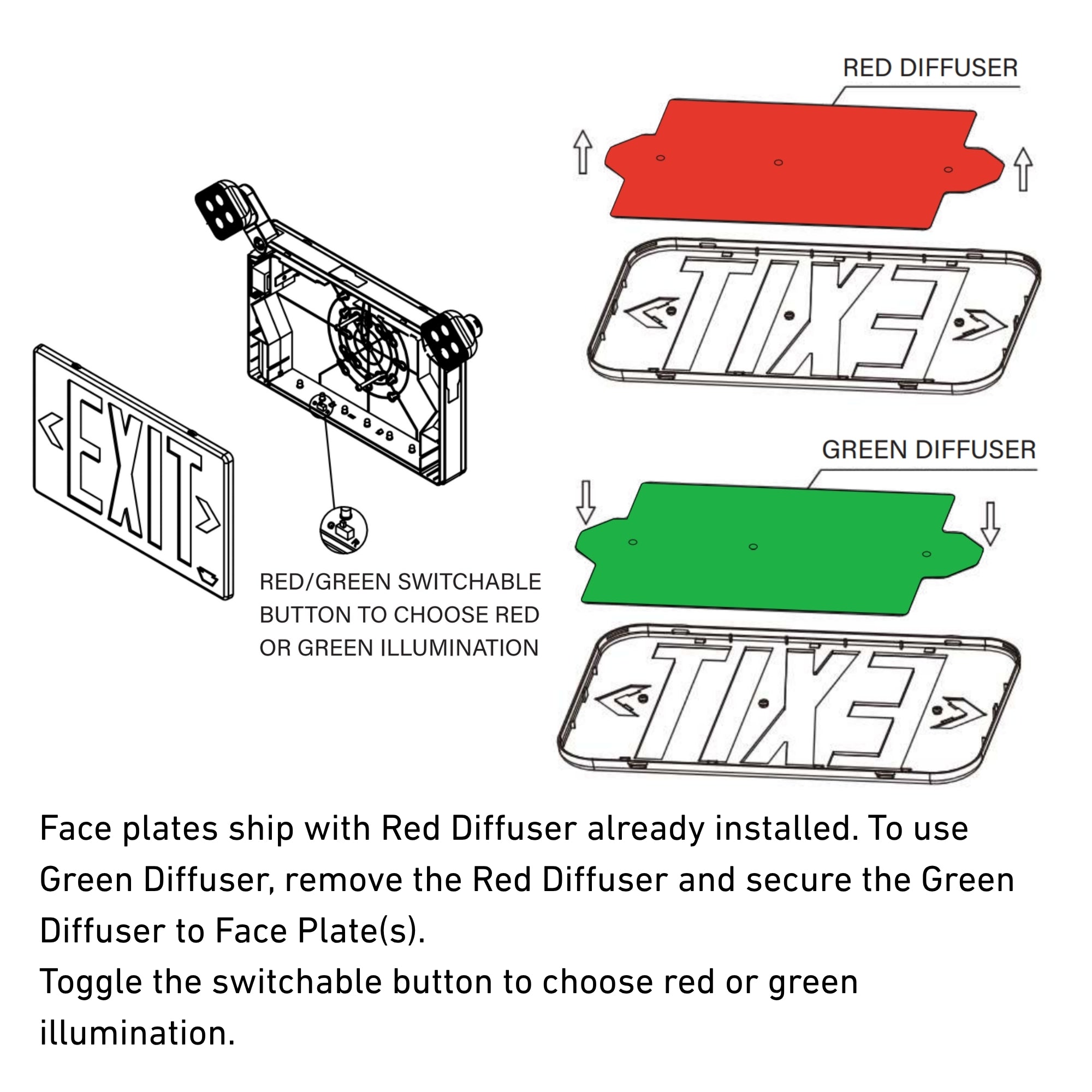 LED Combo Exit Sign, Single/Double Face, Red/Green Letters, White - Bees Lighting