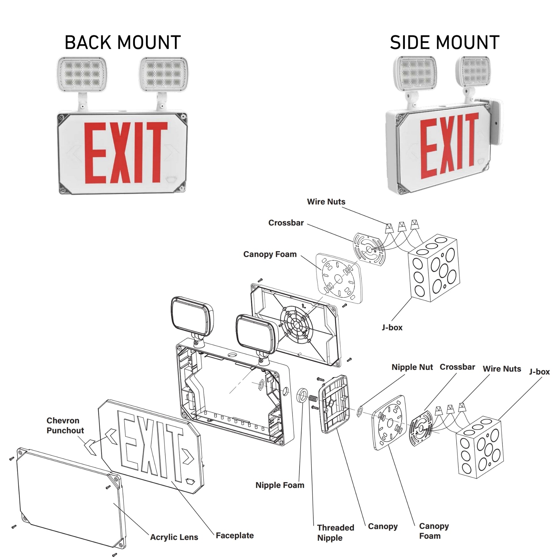 LED Combo Exit Sign, Single/Double Face, Red Letters, White, Wet Rated - Bees Lighting