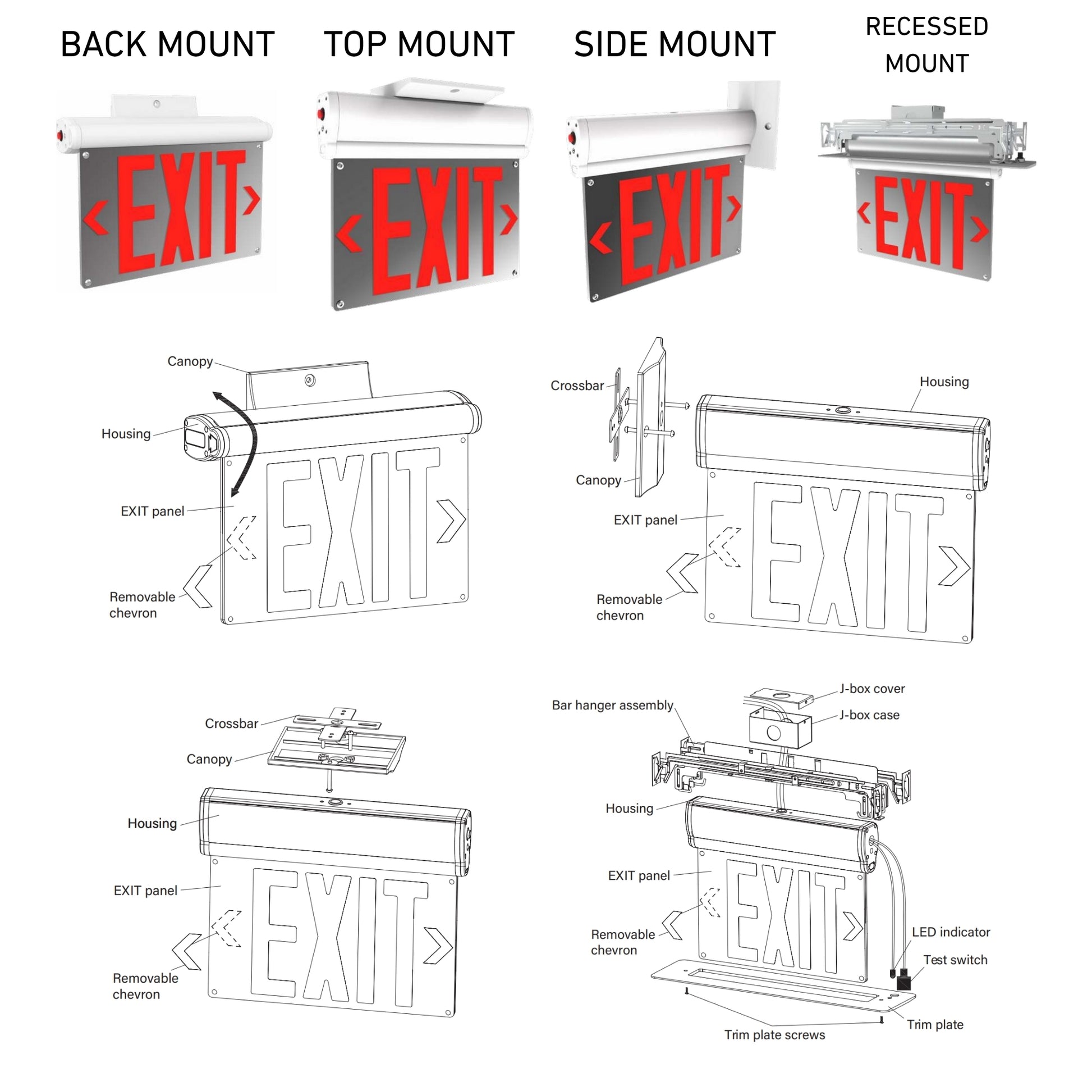 Edge Lit LED Exit Sign, Single/Double Face, Green Letters, White, Recessed Mount - Bees Lighting