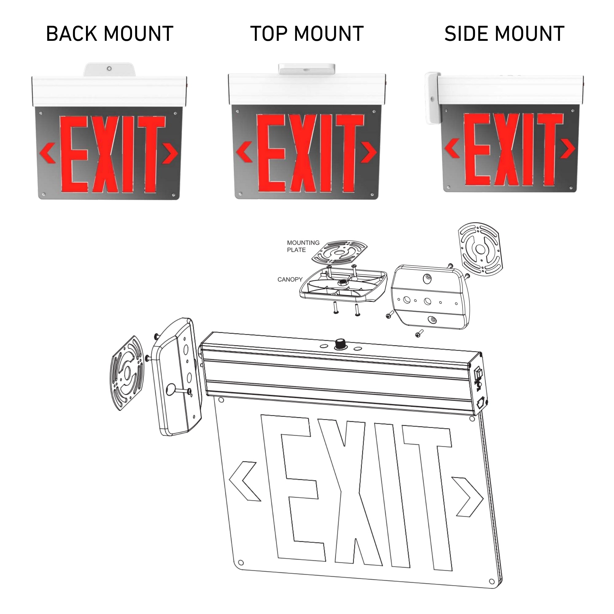Edge Lit LED Exit Sign, Single/Double Face, Red Letters, White - Bees Lighting