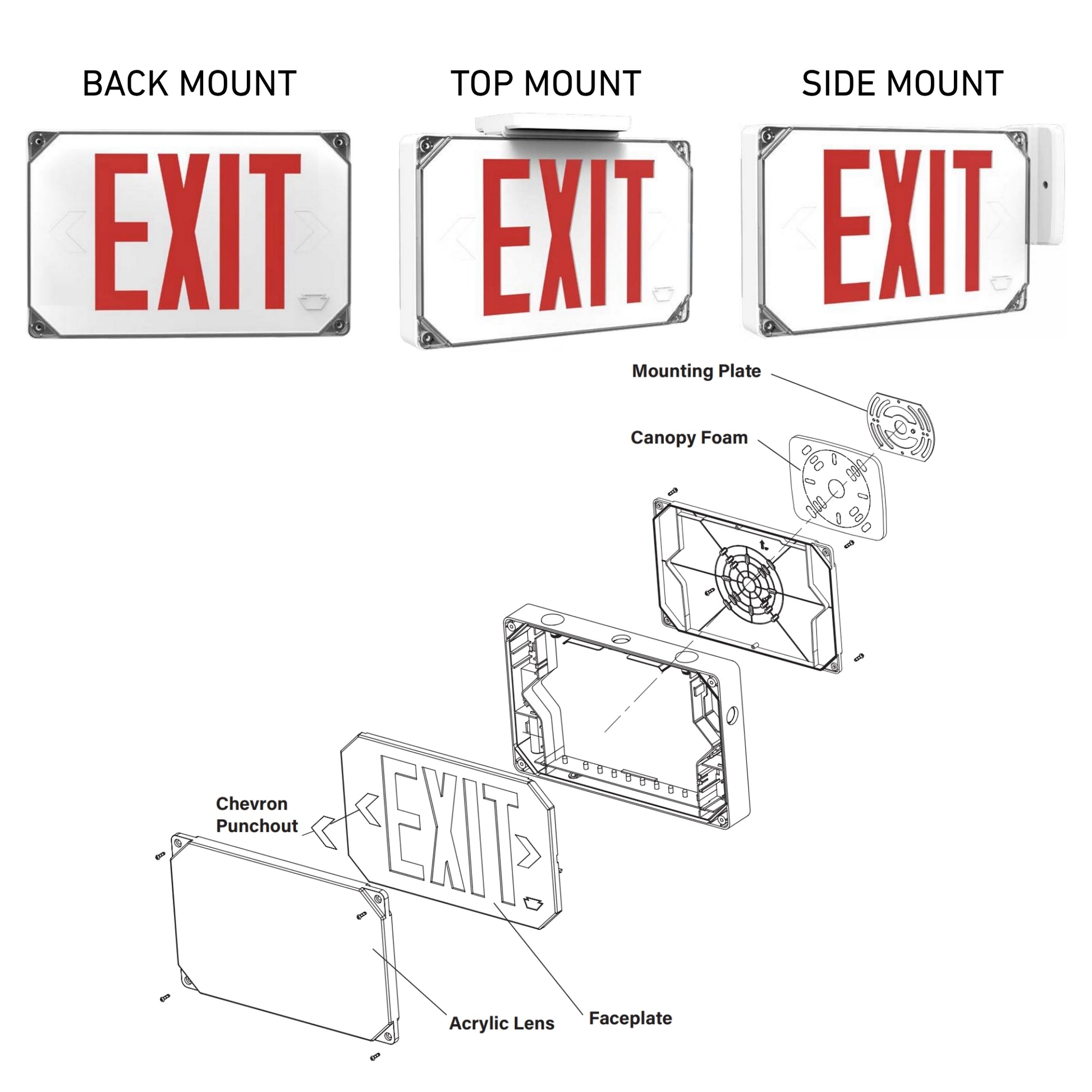 LED Exit Sign, Single/Double Face, Red Letters, White, Wet Rated - Bees Lighting