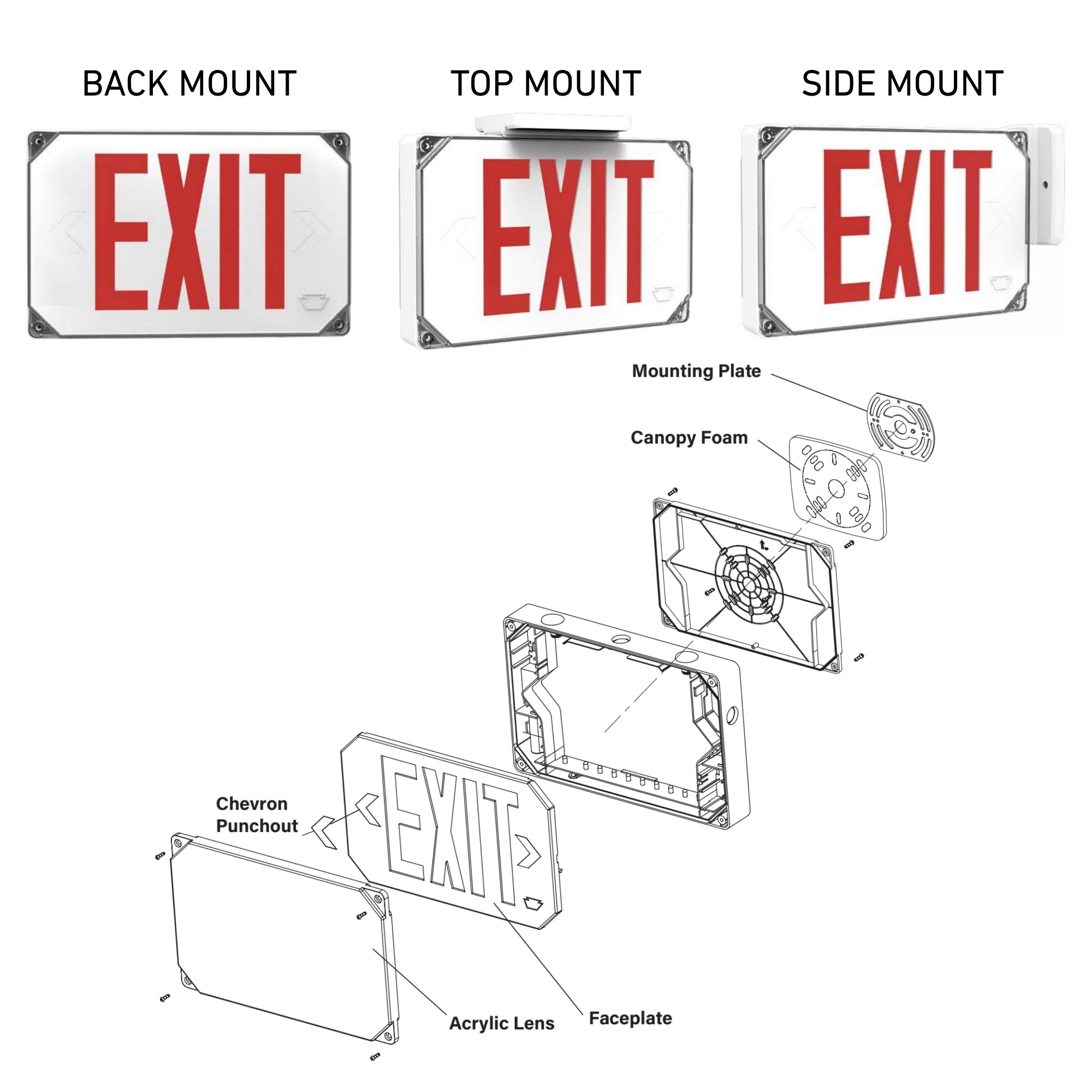 LED Exit Sign, Single/Double Face, Red Letters, White, Wet Rated - Bees Lighting