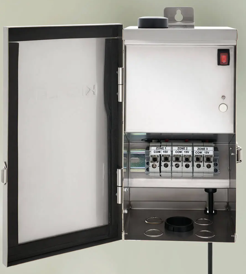 Smart control transformer with open metal enclosure and circuit terminal block