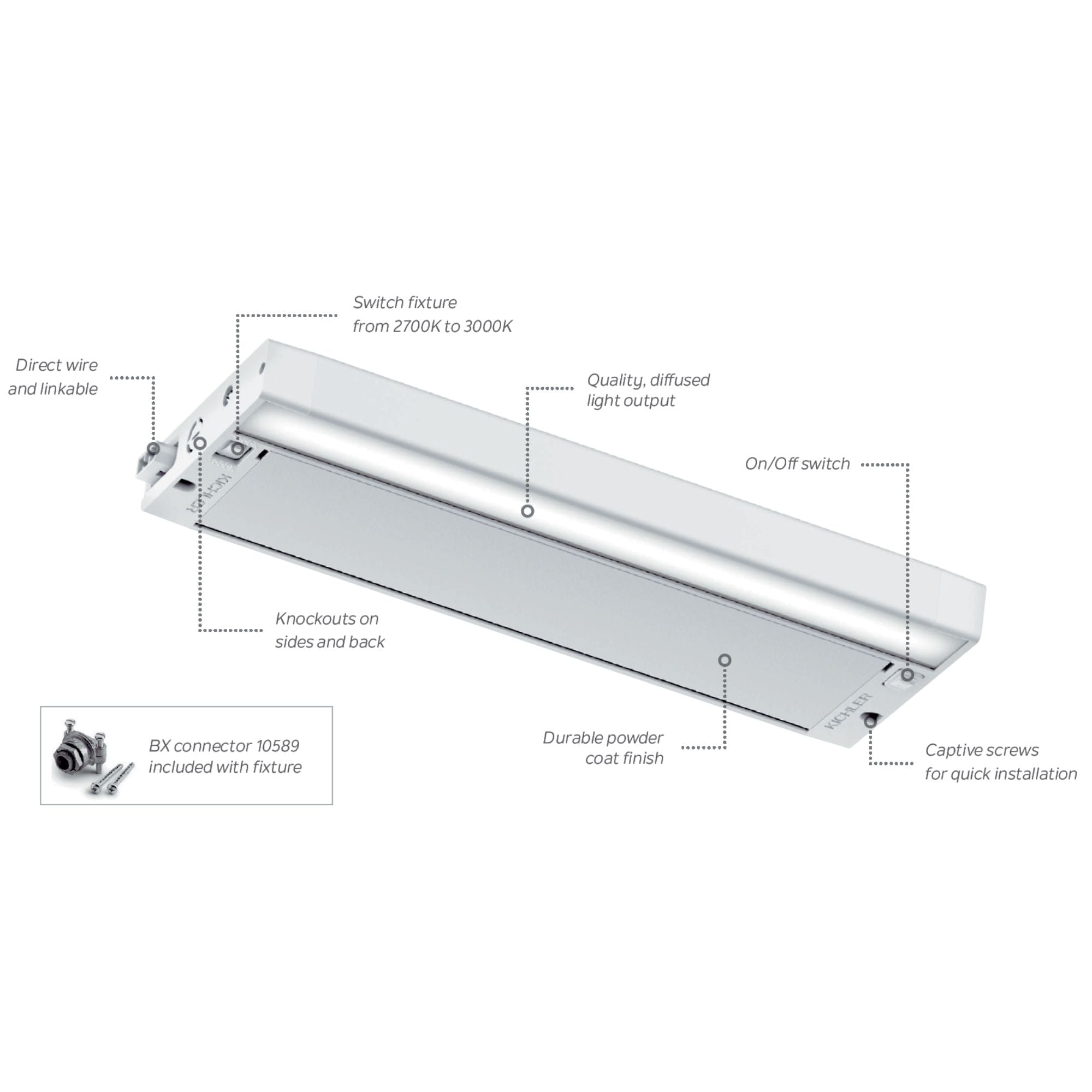 6U Series 30-Inch 120V LED Under Cabinet Light, 2700K/3000K, White