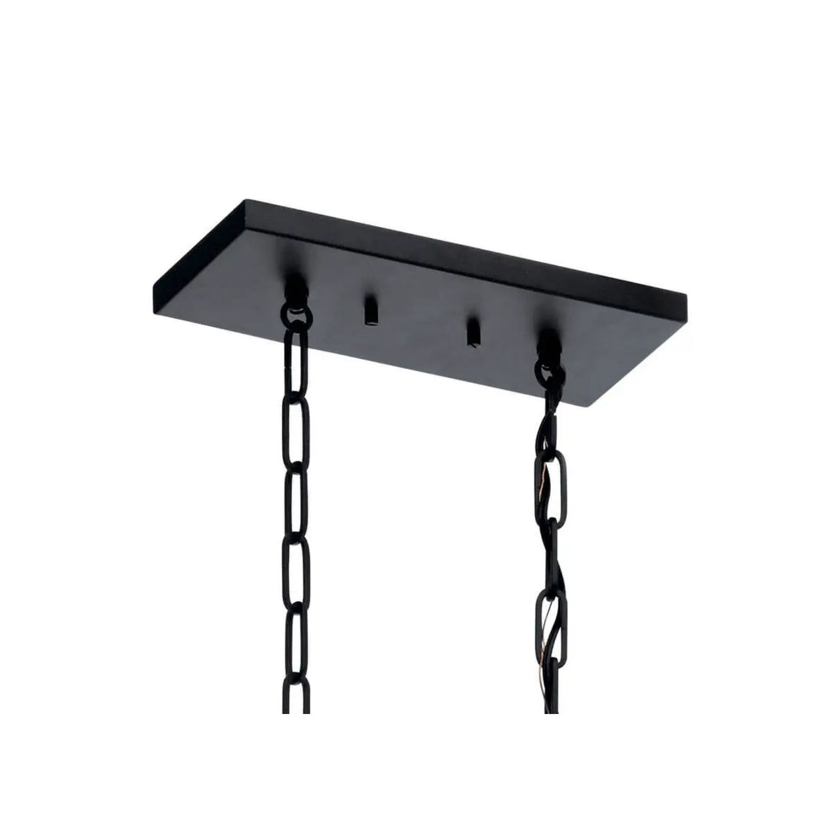 Black ceiling canopy and hanging chains for a linear chandelier