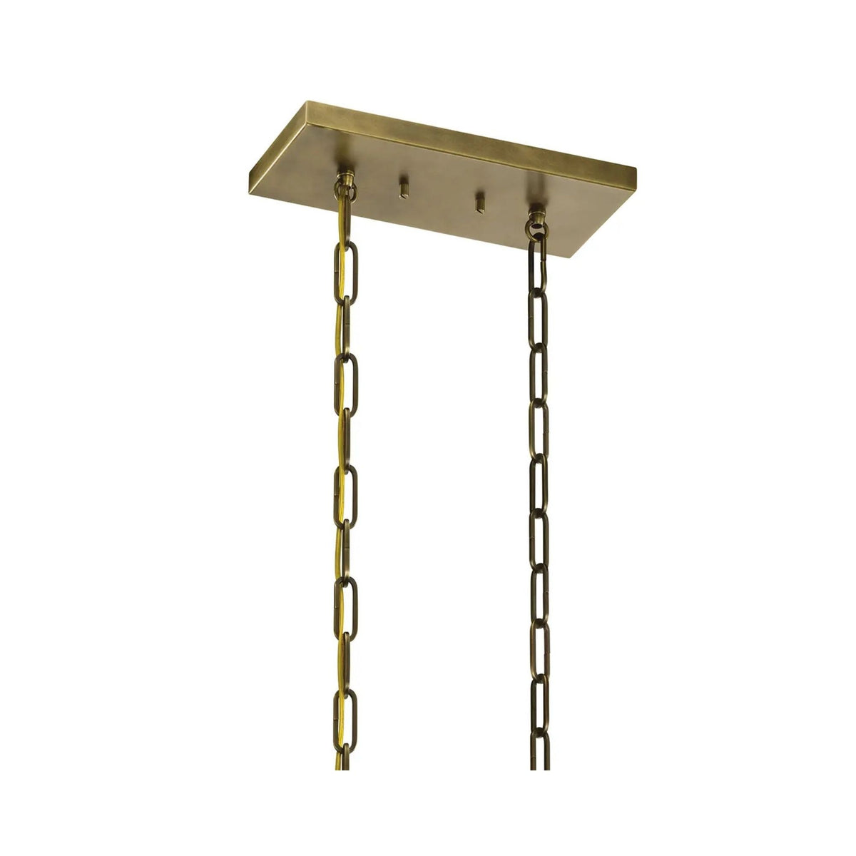Natural brass rectangular ceiling canopy with hanging chain links, for linear chandelier