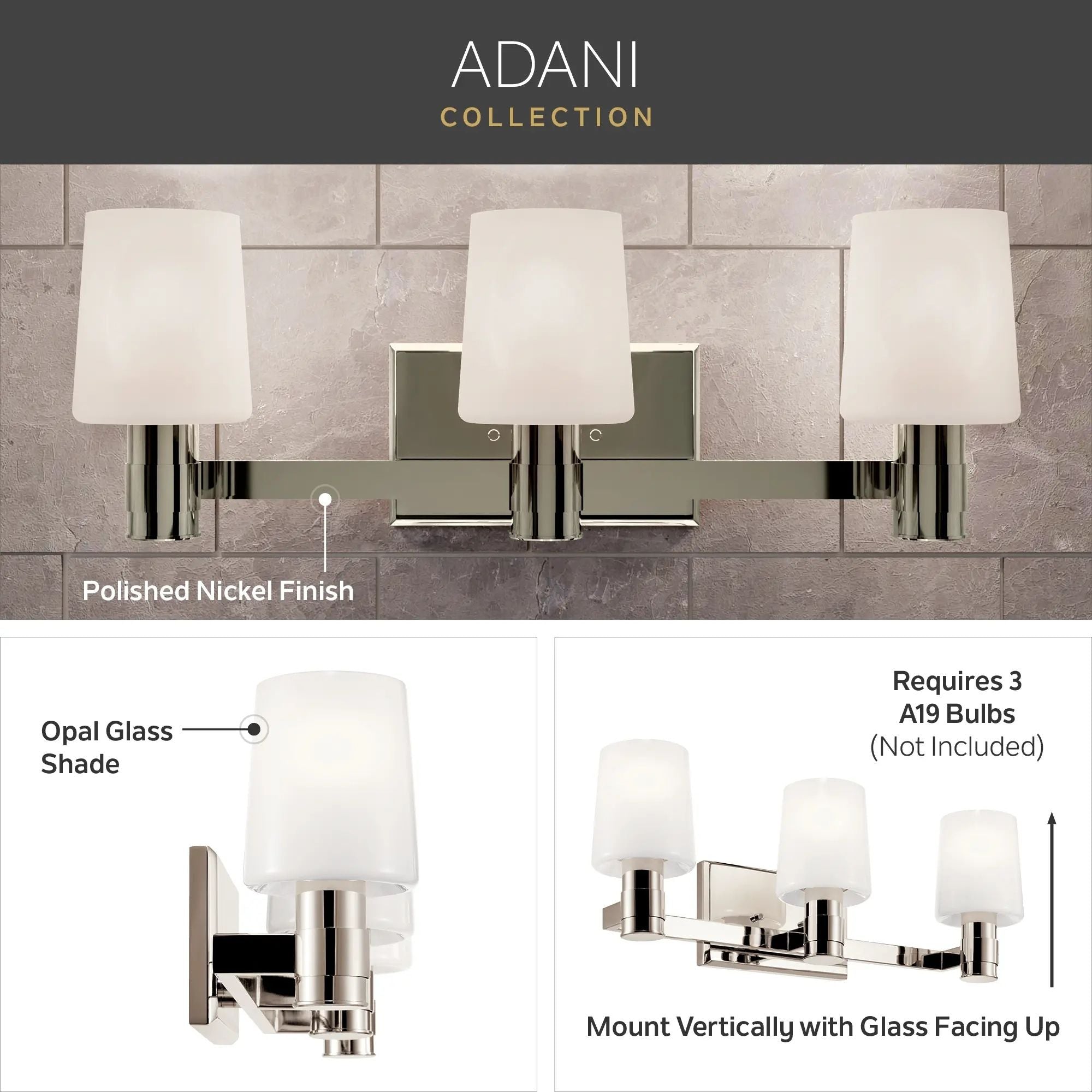 Adani 24" 3-Light Vanity Light, Polished Nickel Finish - Bees Lighting