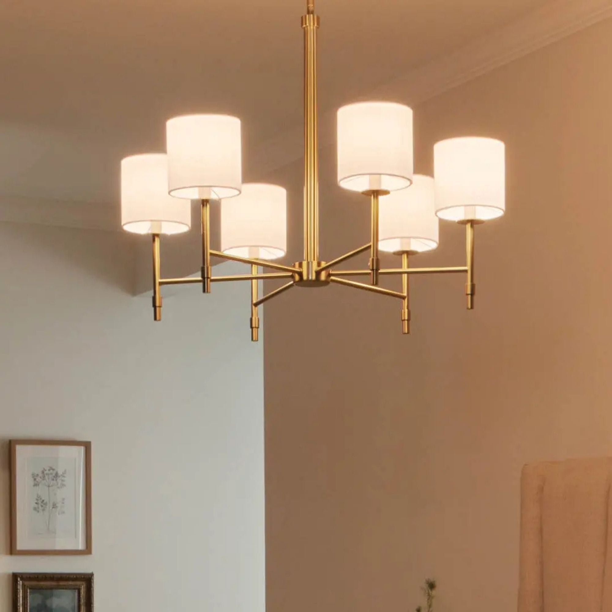 Ali 28" 6-Light Chandelier, Brushed Natural Brass Finish - Bees Lighting