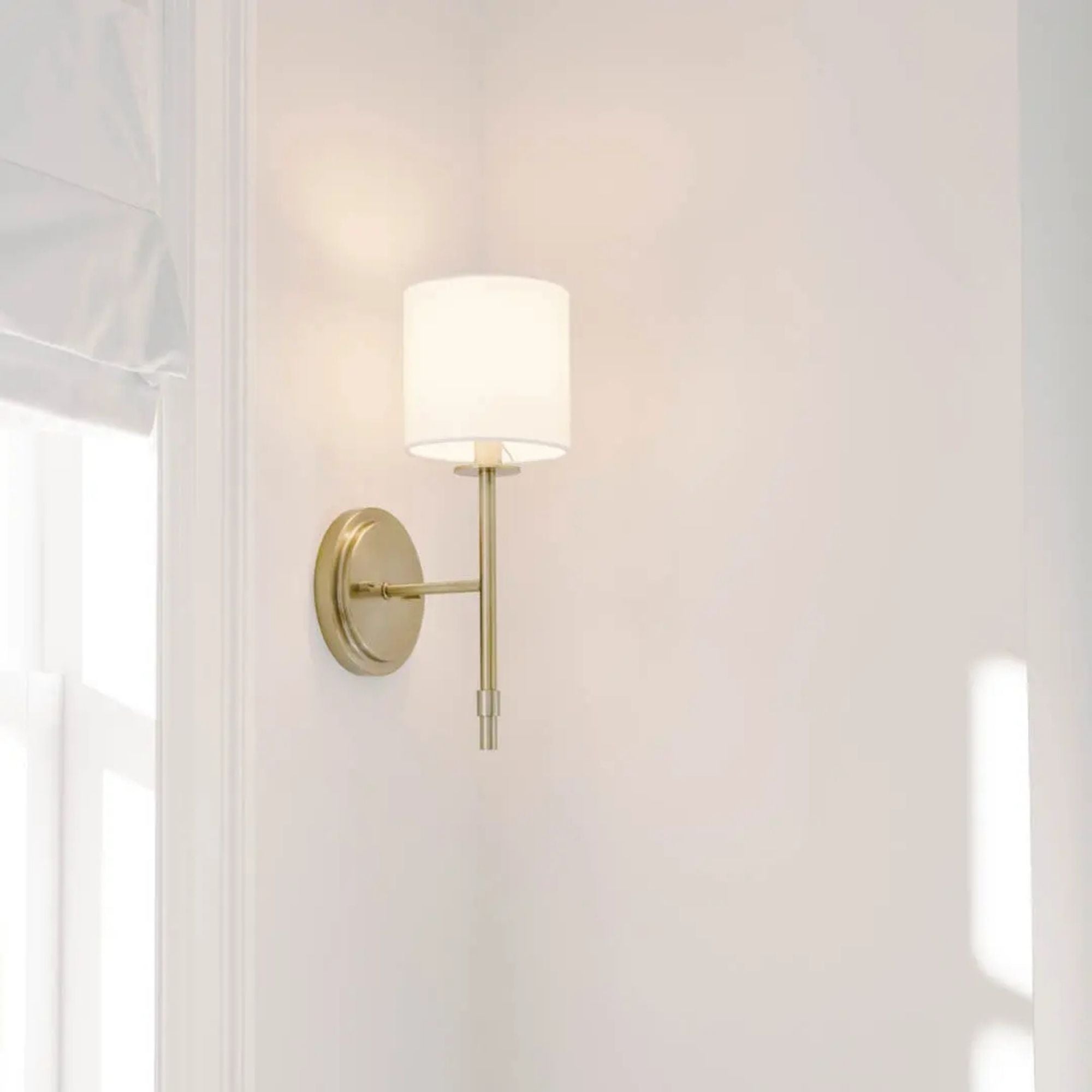 Ali 5" Wall Sconce, Brushed Natural Brass Finish, Fabric Shade