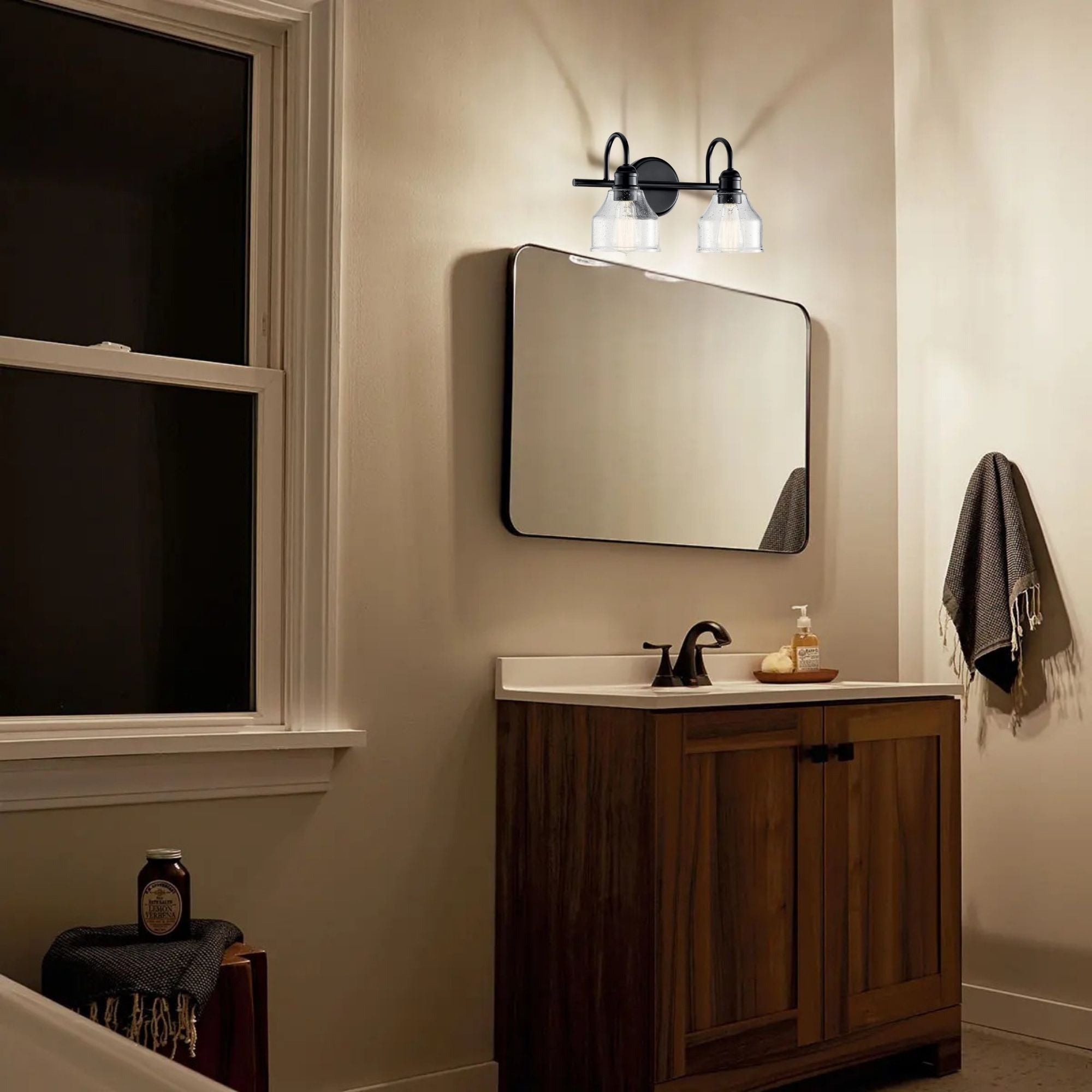 Kichler Avery 15 in. 2-Light Bathroom Vanity Light, Black with Clear Seeded Glass