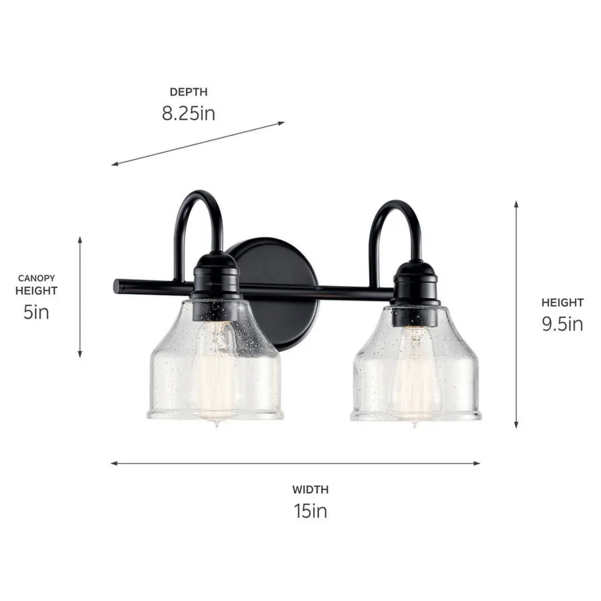 Kichler Avery 15 in. 2-Light Bathroom Vanity Light, Black with Clear Seeded Glass