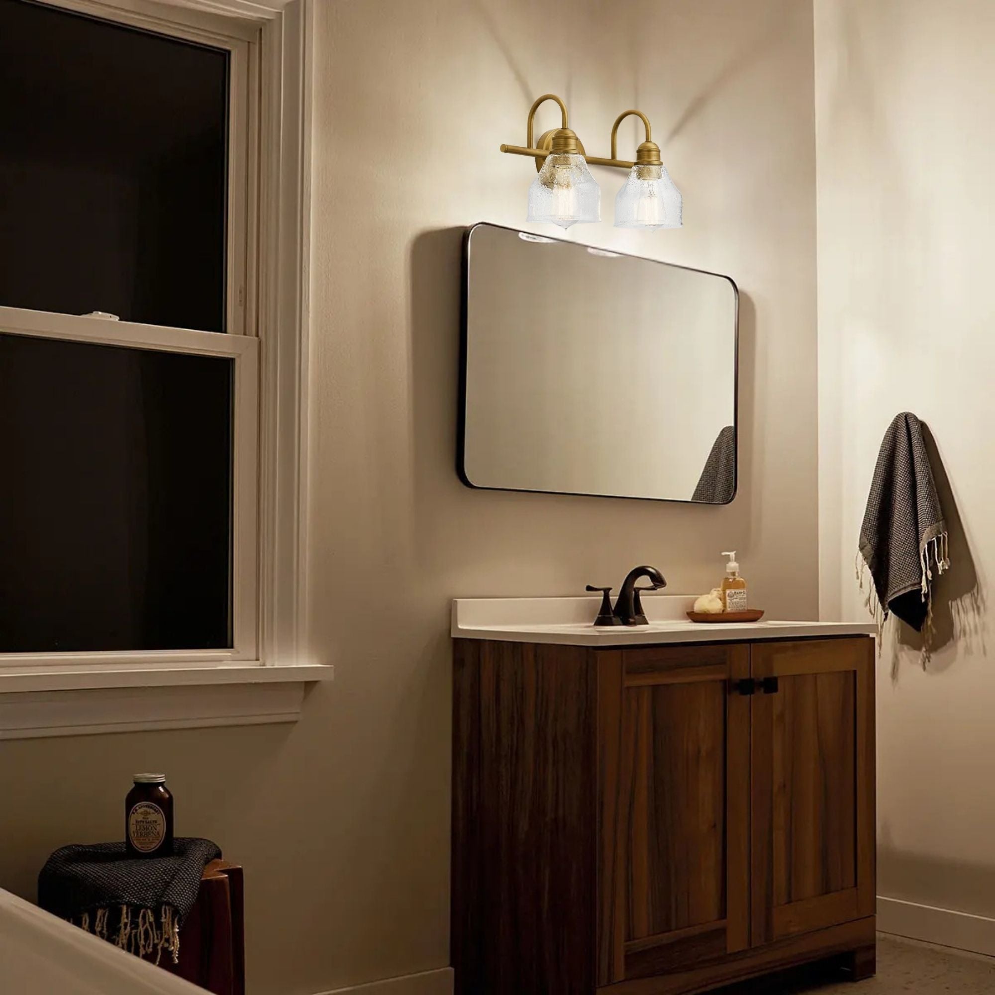 Kichler Avery 15 in. 2-Light Bathroom Vanity Light, Natural Brass with Clear Seeded Glass