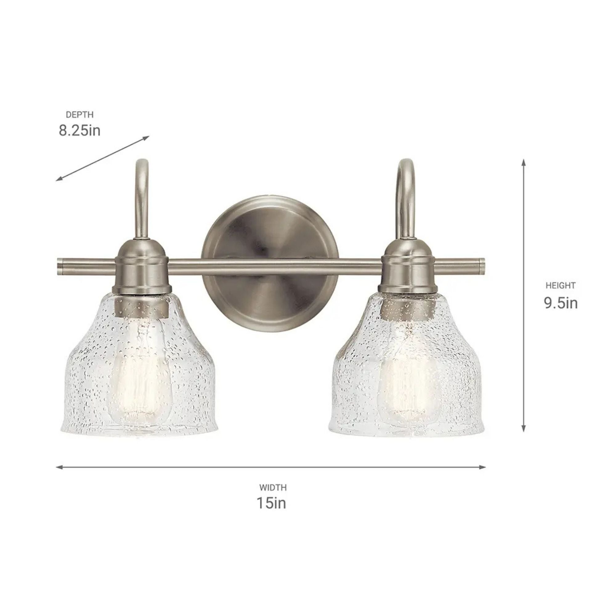 Kichler Avery 15 in. 2-Light Bathroom Vanity Light, Brushed Nickel with Clear Seeded Glass