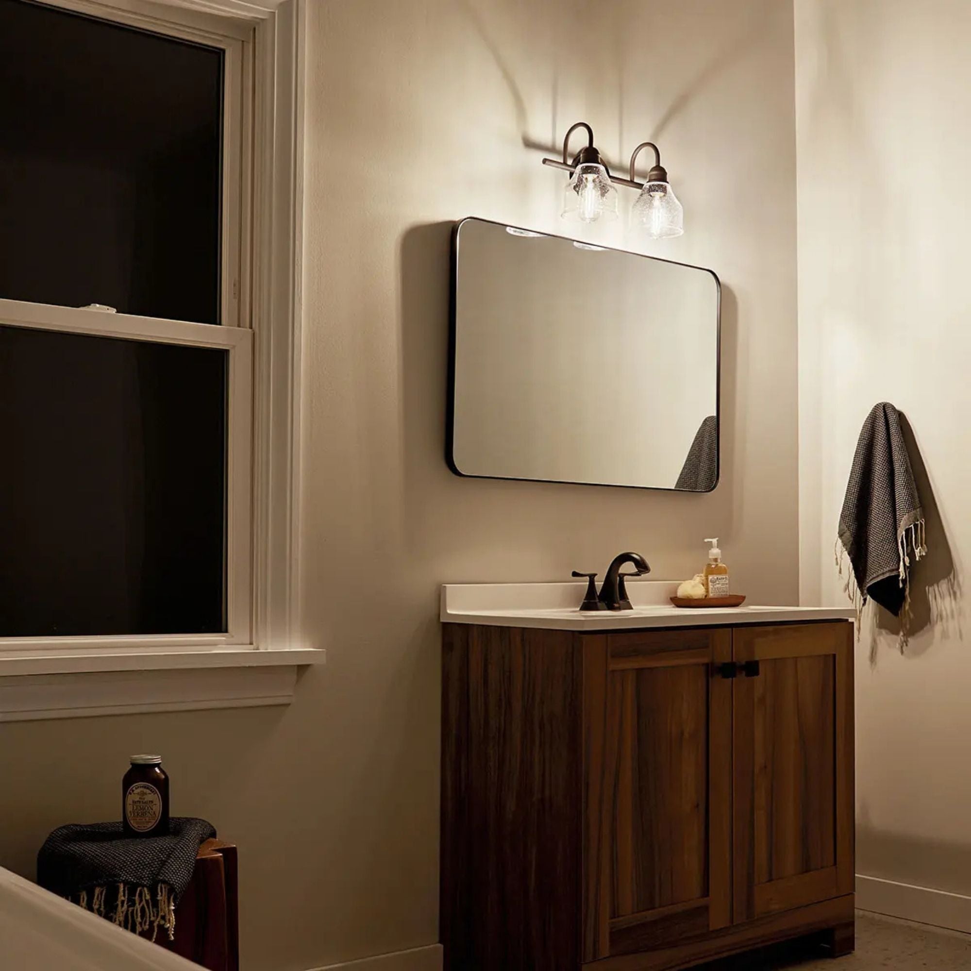 Kichler Avery 15 in. 2-Light Bathroom Vanity Light, Olde Bronze with Clear Seeded Glass