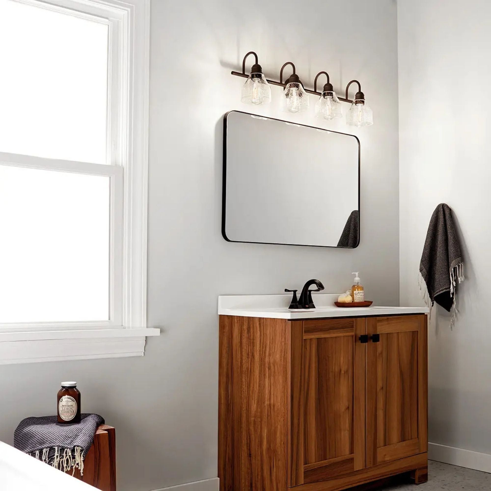 Kichler Avery 33.5 in. 4-Light Bathroom Vanity Light, Olde Bronze with Clear Seeded Glass