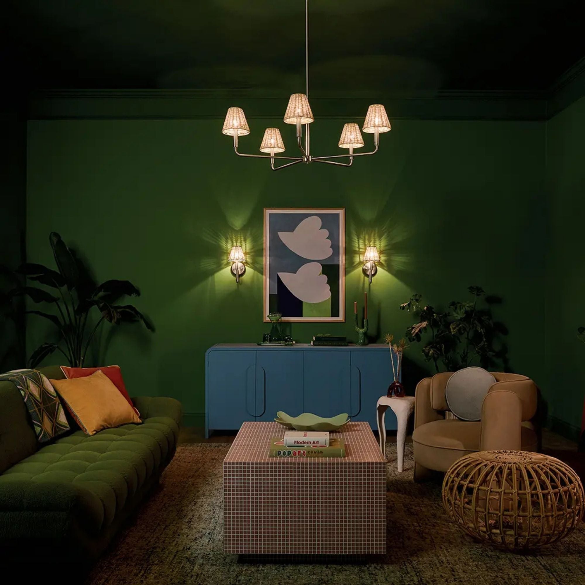 Kichler Bekah 38 in. 5-Light Chandelier, Champagne Bronze with Rattan Cone Shades