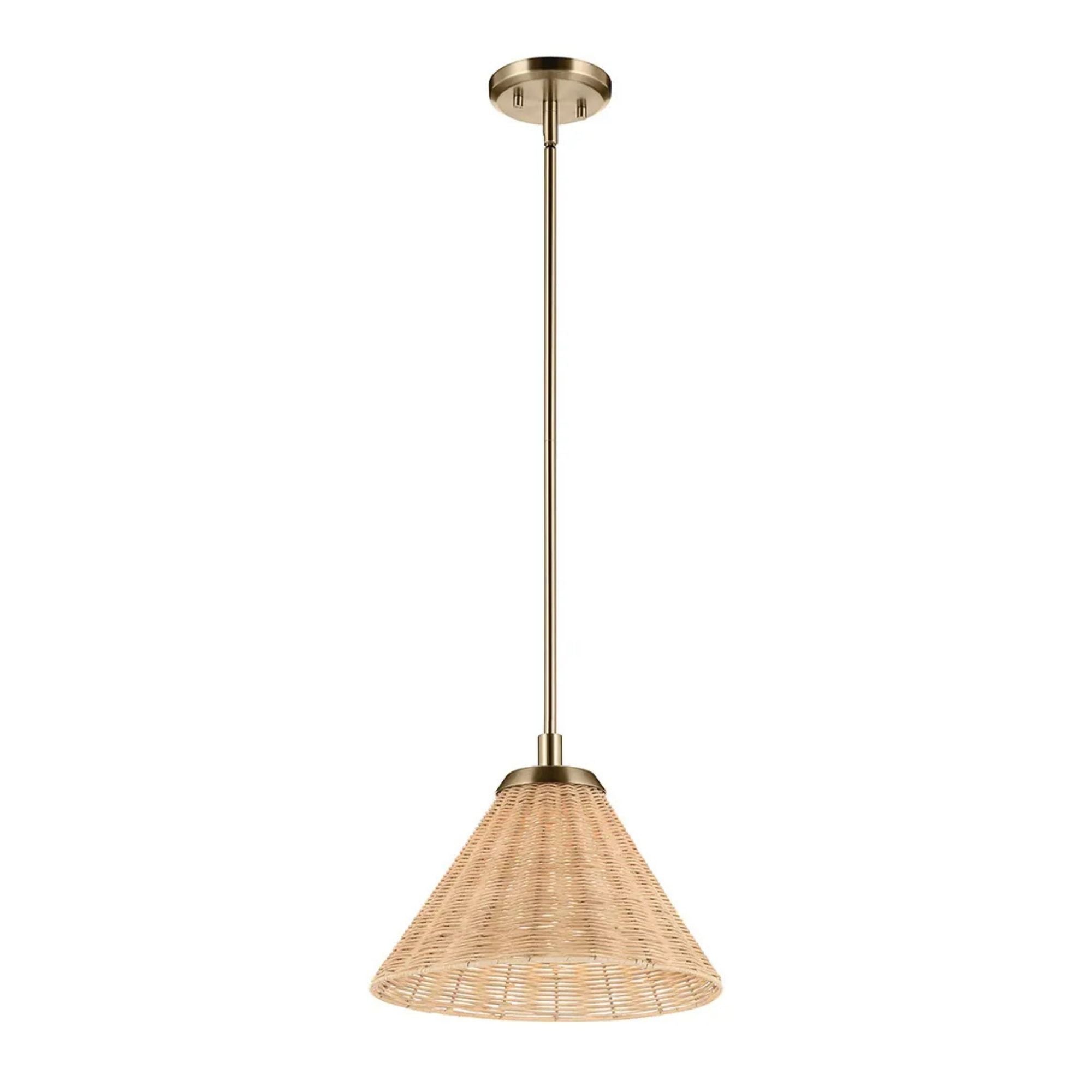 Kichler Bekah 10.75 in. Pendant Light, Champagne Bronze with Rattan Cone Shade & Opal Glass