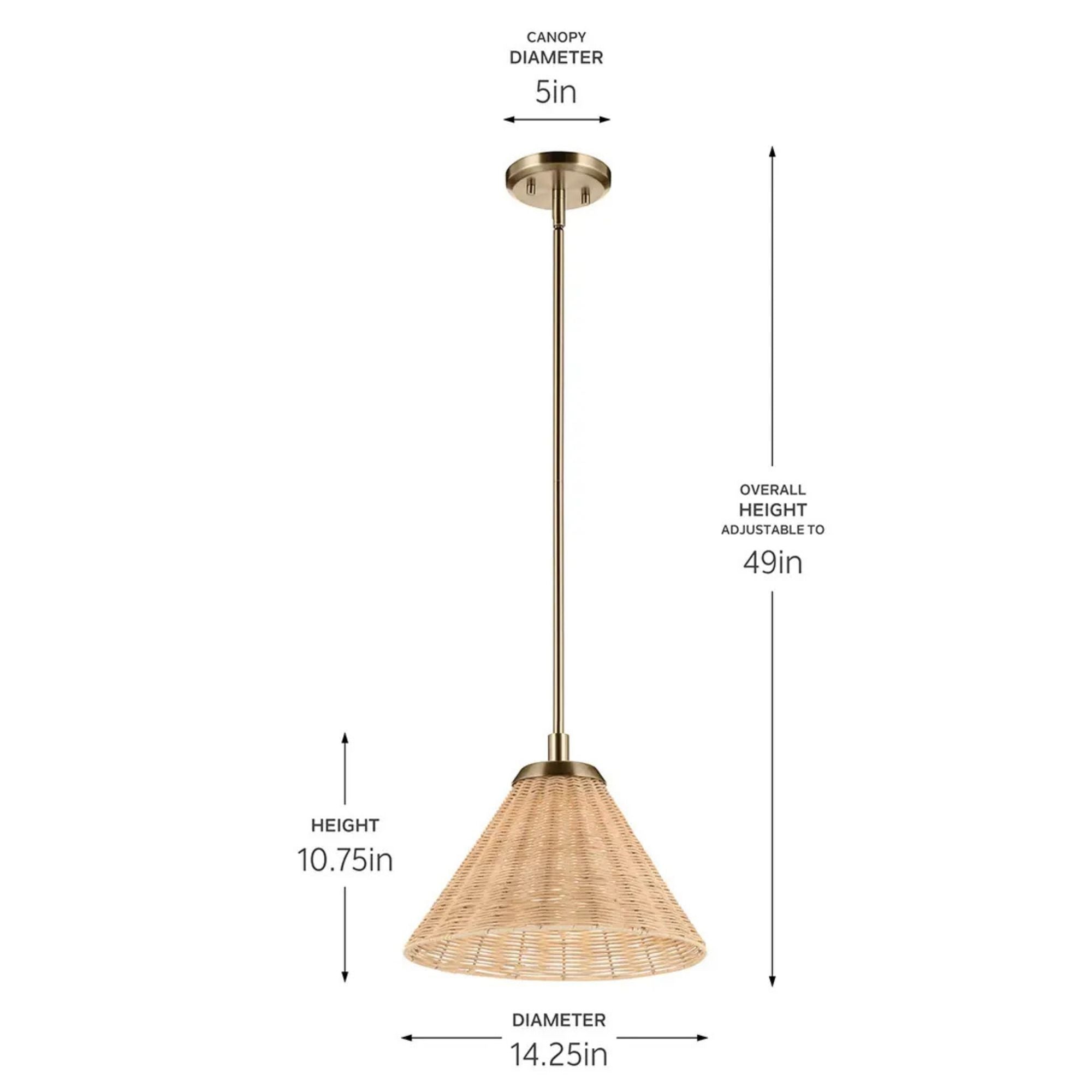 Kichler Bekah 10.75 in. Pendant Light, Champagne Bronze with Rattan Cone Shade & Opal Glass
