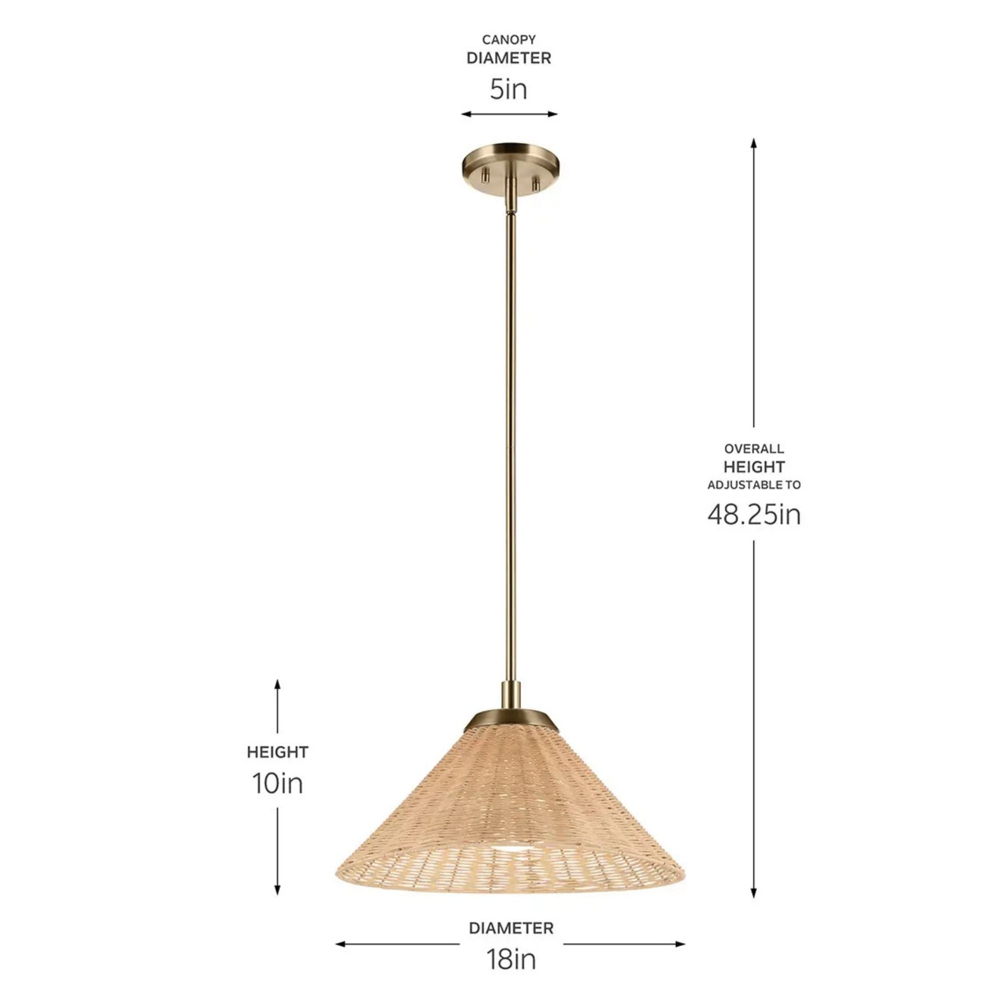 Kichler Bekah 18 in. Pendant Light, Champagne Bronze with Rattan Cone Shade & Opal Glass