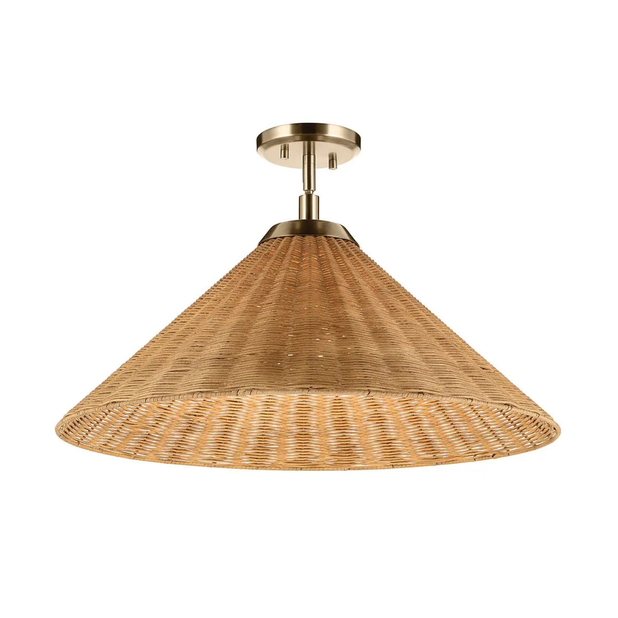 Kichler Bekah 11.75 in. Pendant Light, Champagne Bronze with Rattan Cone Shade & Opal Glass