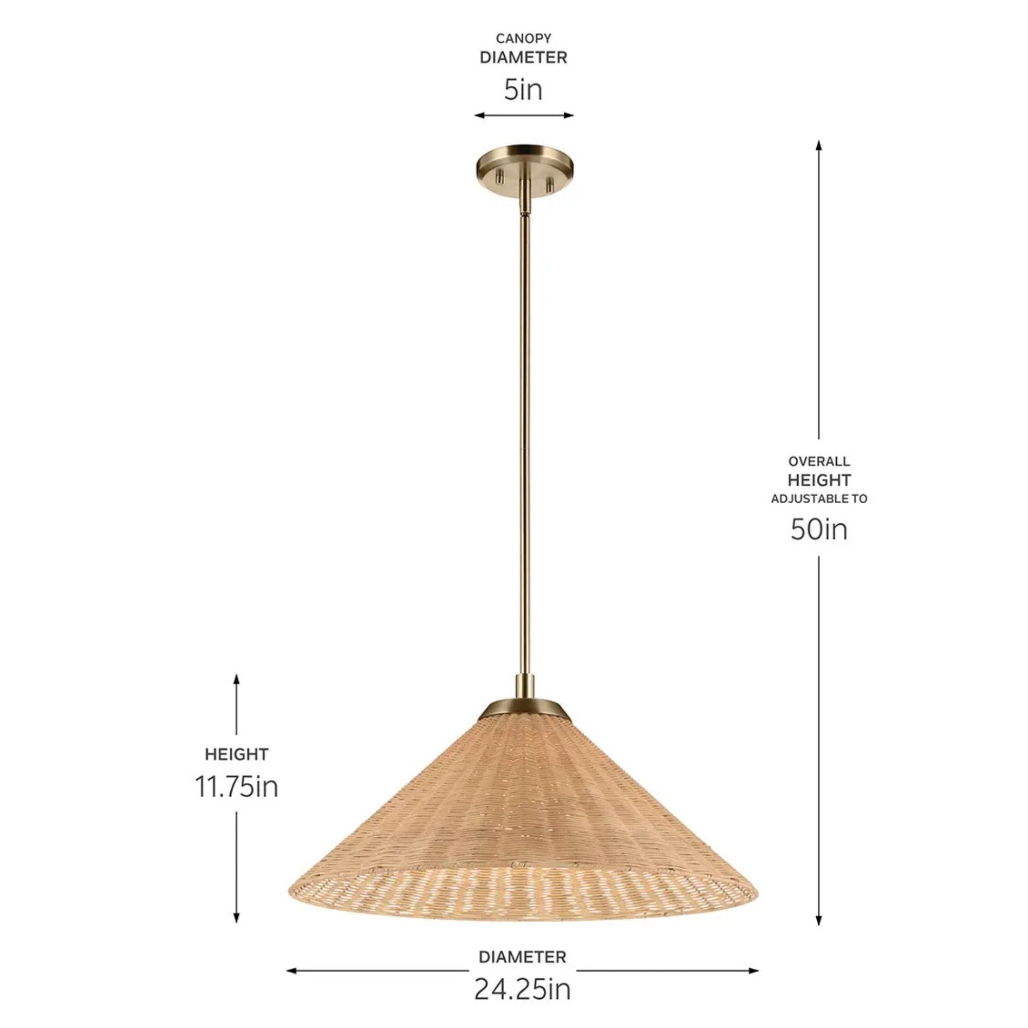 Kichler Bekah 11.75 in. Pendant Light, Champagne Bronze with Rattan Cone Shade & Opal Glass