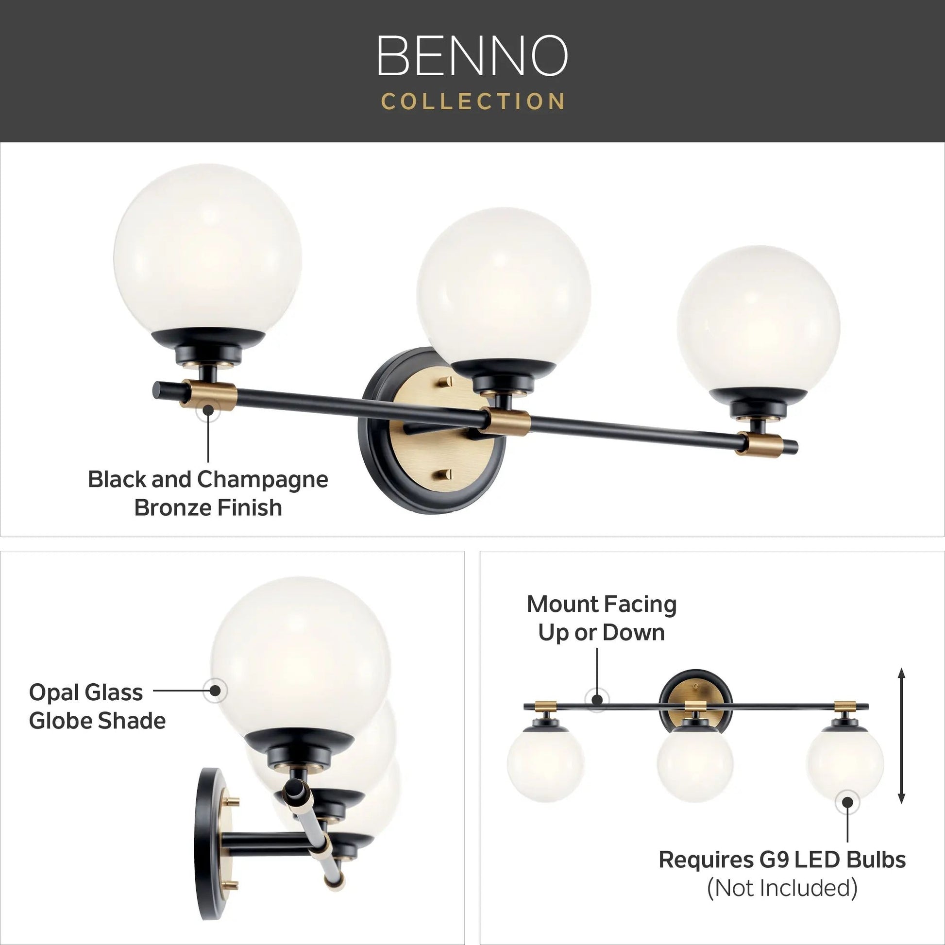 Kichler Lighting - Benno 25" 3-Light Vanity Light, Black & Champagne Finish | Bees Lighting