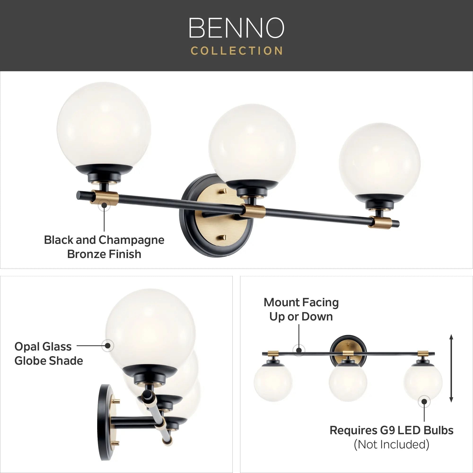 Kichler Lighting - Benno 25" 3-Light Vanity Light, Black & Champagne Finish | Bees Lighting