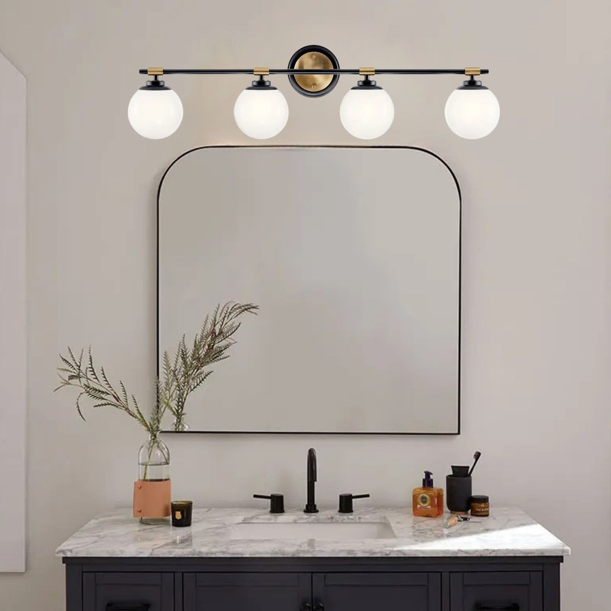 Benno 34" 4-Light Vanity Light, Black & Champagne Finish