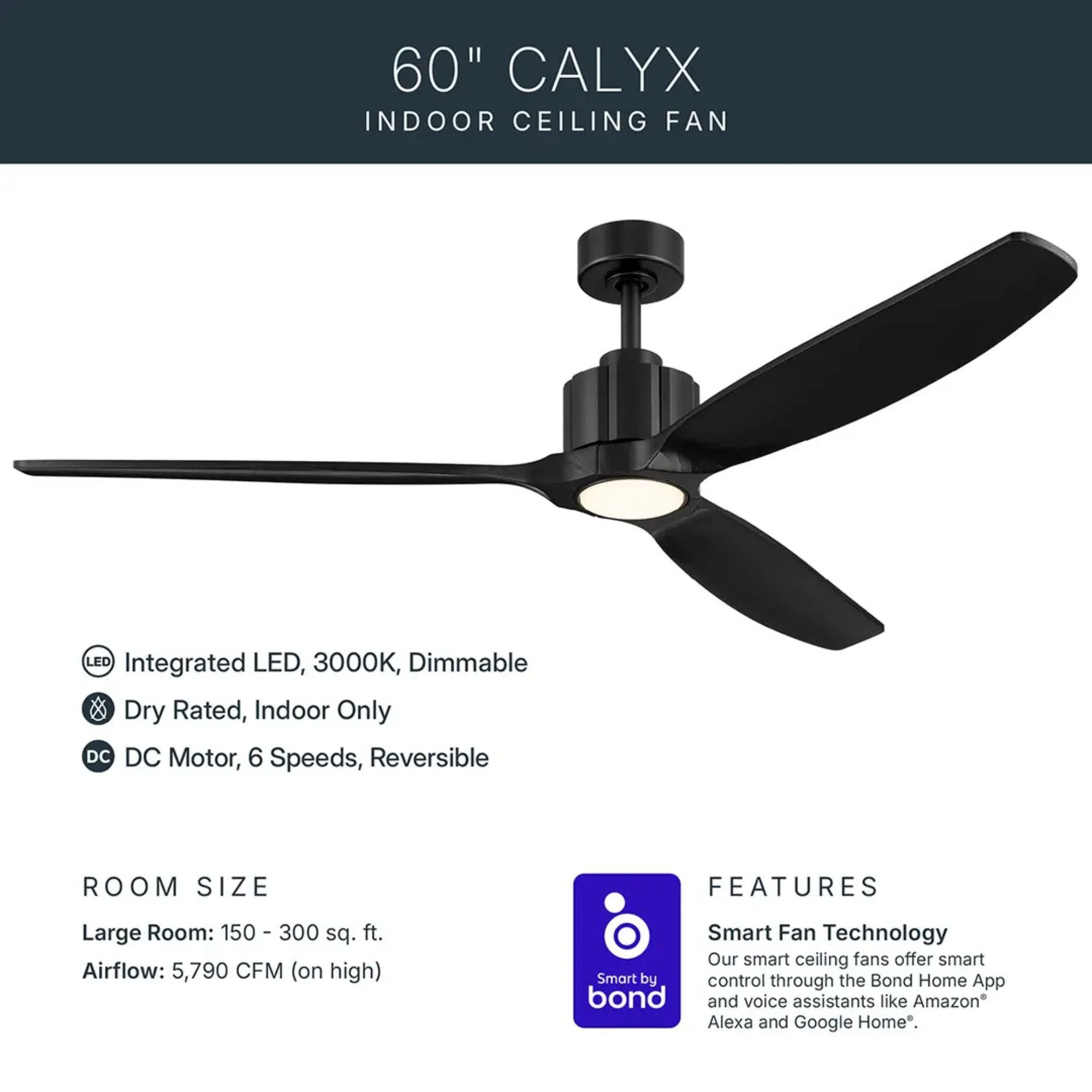 Kichler Calyx 60'' Ceiling Fan with LED Light DC Motor Matte Black