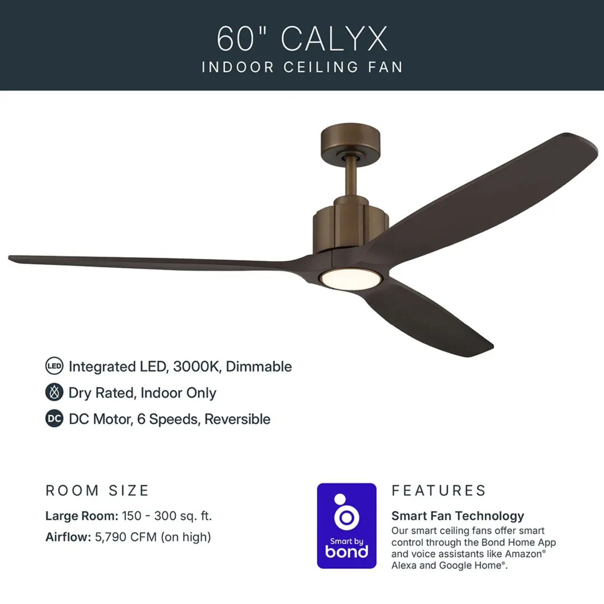 Kichler Calyx 60'' Ceiling Fan with LED Light DC Motor Heritage Brushed Bronze