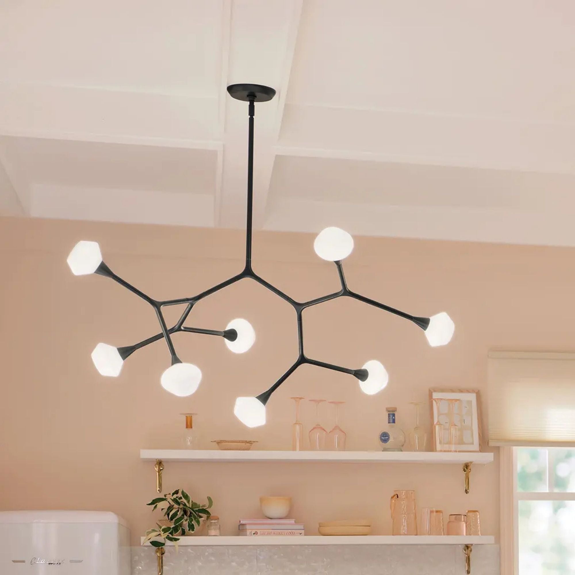 Kichler Cassius 31.25 in. 8-Light Chandelier, Black with Opal Glass Unique Shade