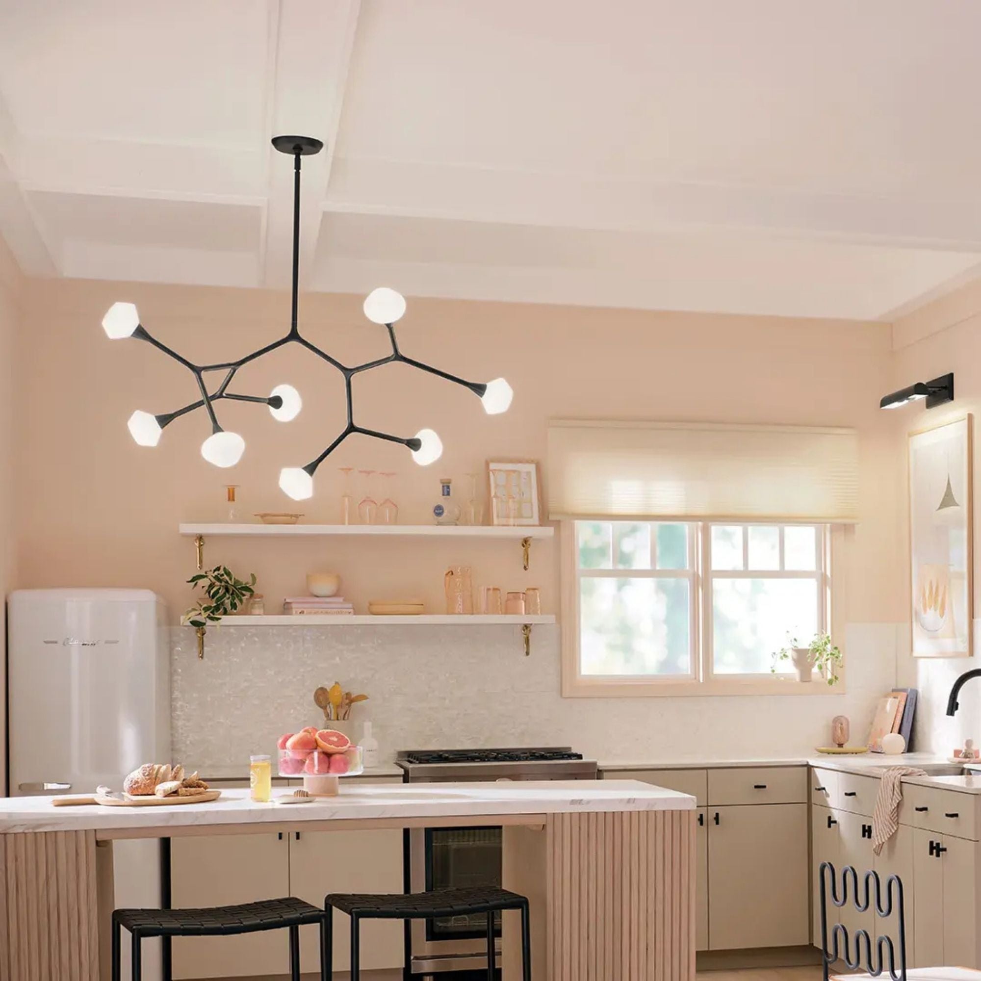 Kichler Cassius 31.25 in. 8-Light Chandelier, Black with Opal Glass Unique Shade