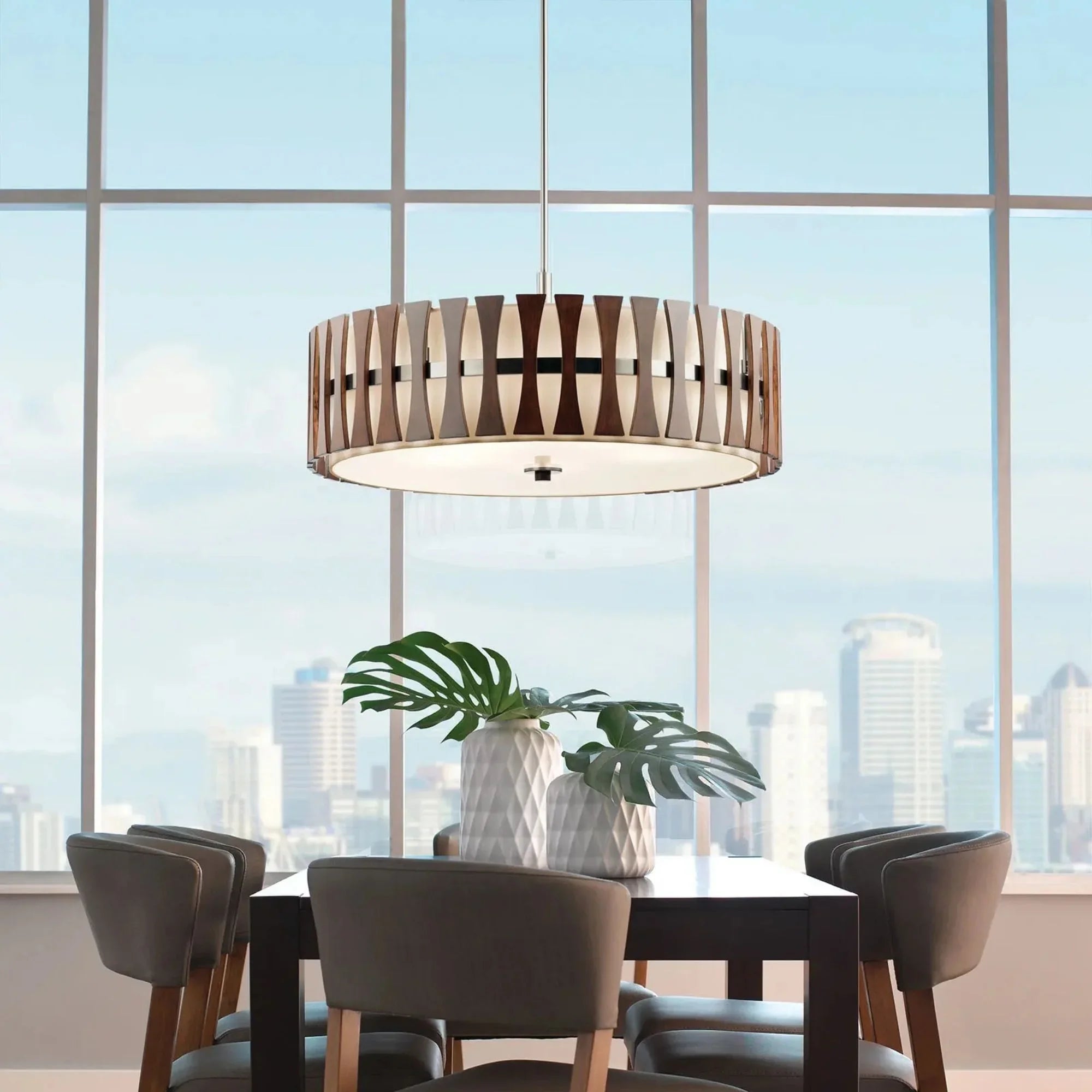 Kichler Cirus 30 in. 5-Light Pendant, Auburn Stained Finish with Fabric Drum Shade