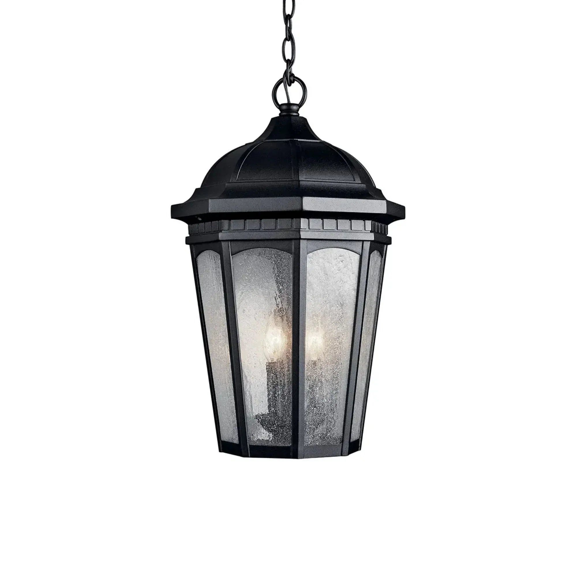 Kichler Courtyard 21.25 in. 3-Light Outdoor Hanging Lantern, Textured Black with Clear Seeded Glass