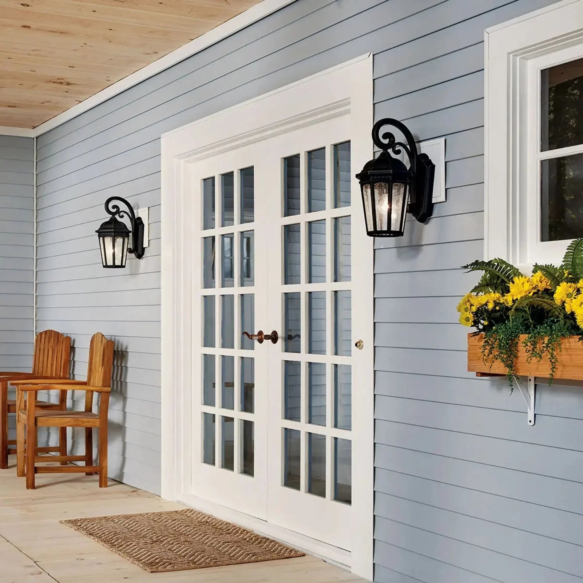 Kichler Courtyard 18 in. Outdoor Sconce, Textured Black with Clear Seeded Glass