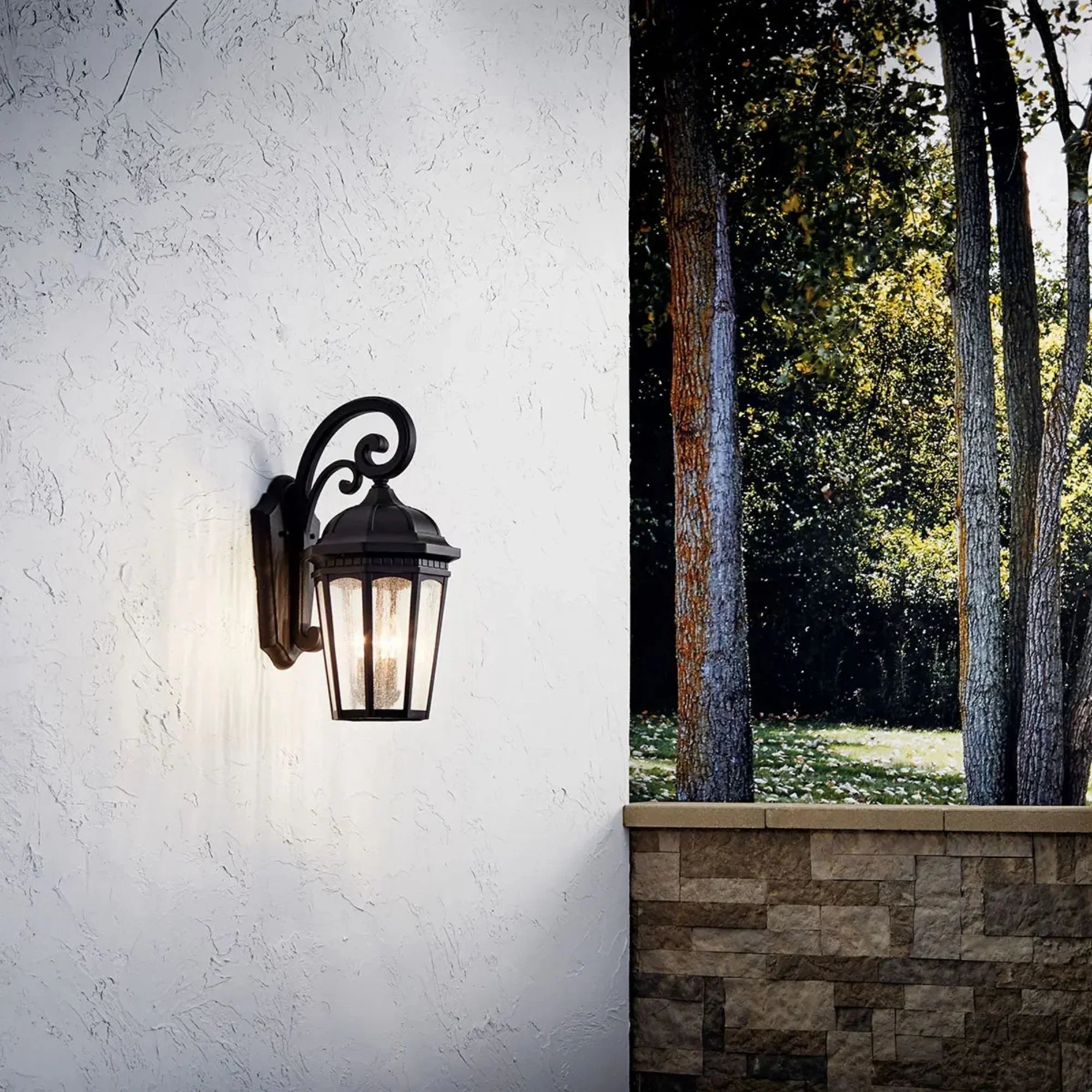 Kichler Courtyard 22.25 in. 3-Light Outdoor Sconce, Textured Black with Clear Seeded Glass