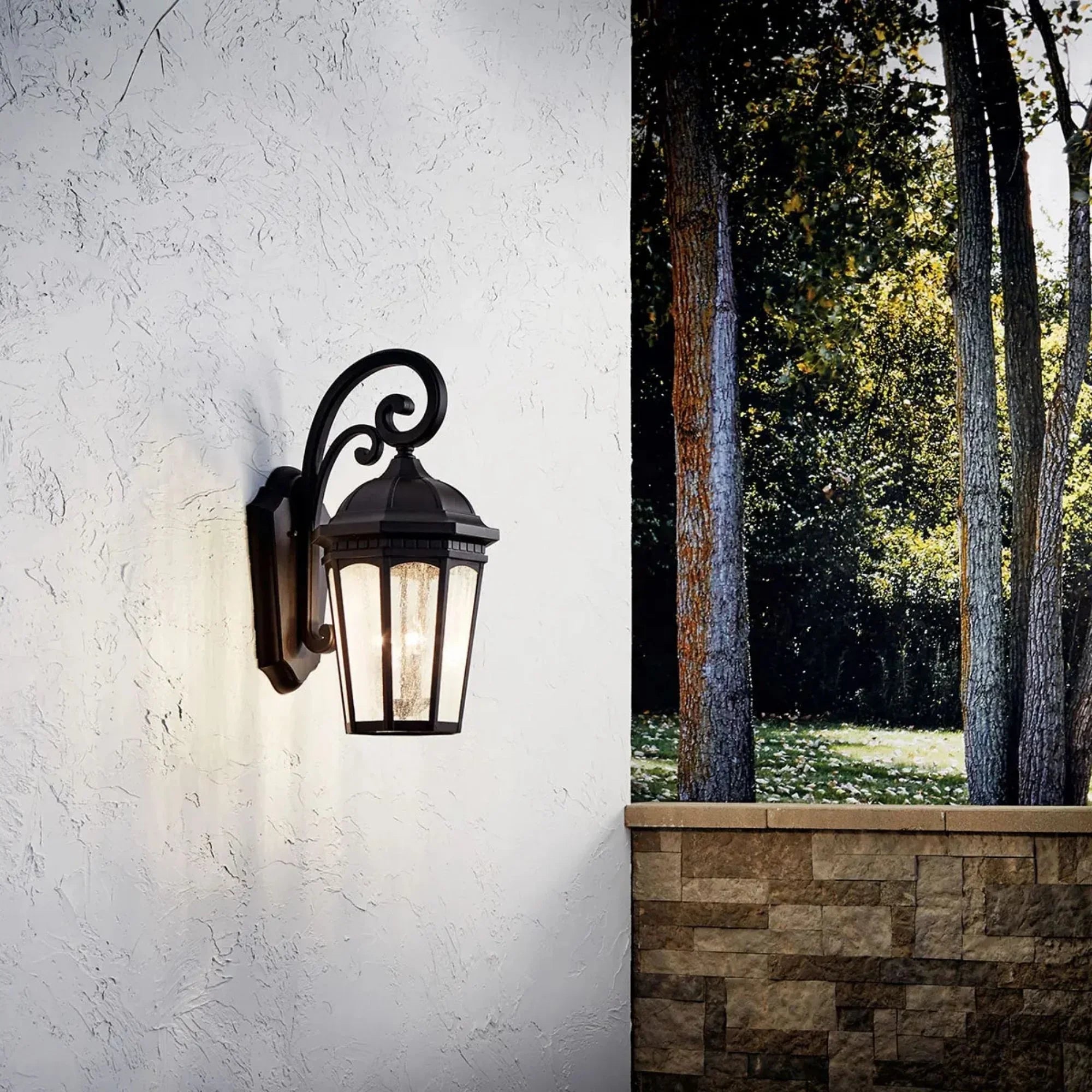 Kichler Courtyard 26.5 in. 3-Light Outdoor Sconce, Textured Black with Clear Seeded Glass