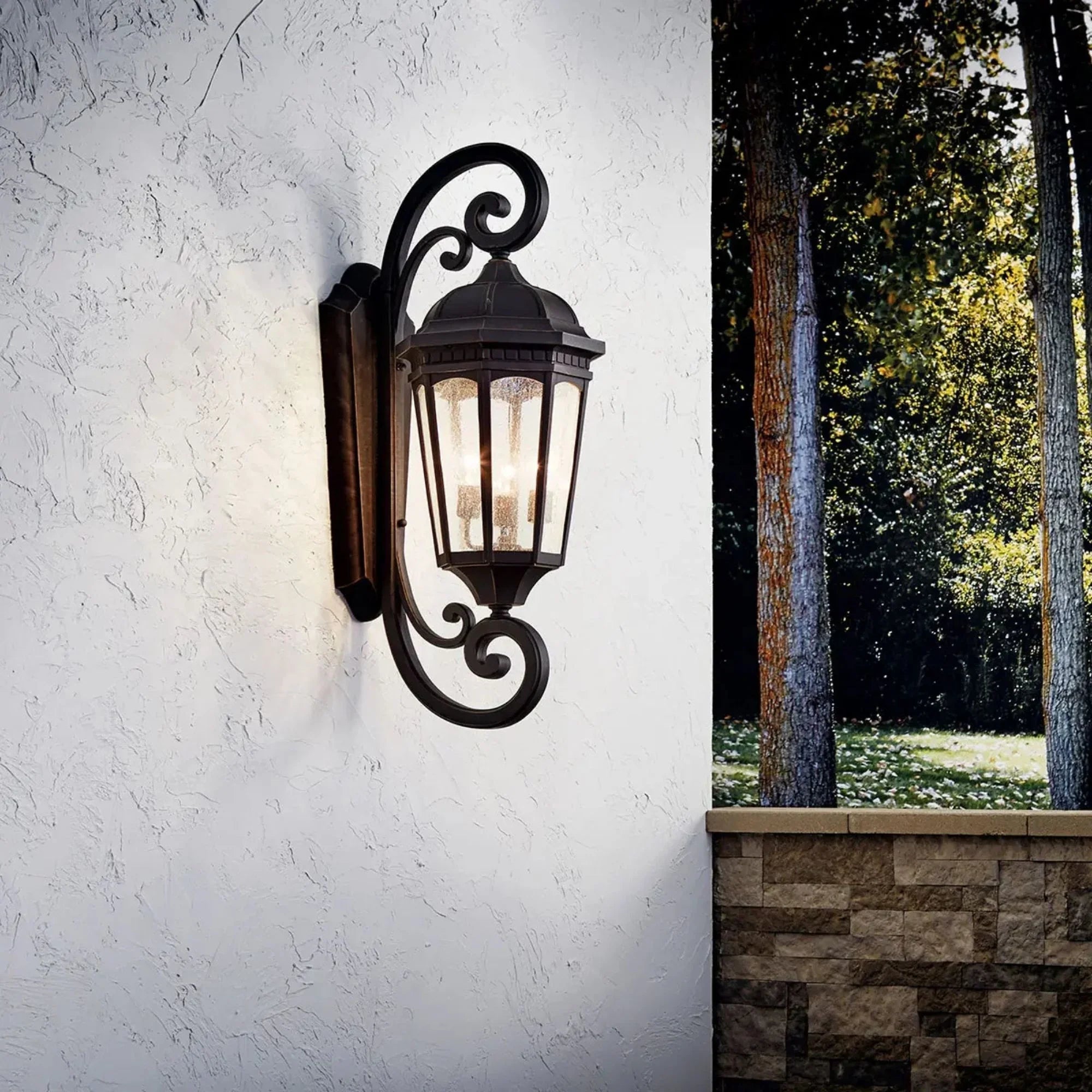 Kichler Courtyard 40.5 in. 3-Light Outdoor Sconce, Rubbed Bronze with Clear Seeded Glass