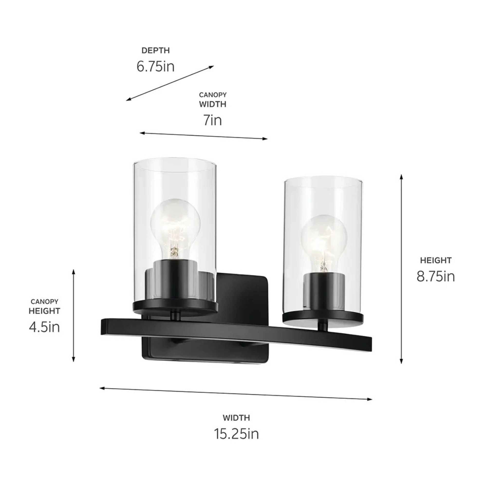 Crosby 15" 2-Light Bath Vanity Light, Black Finish, Clear Glass