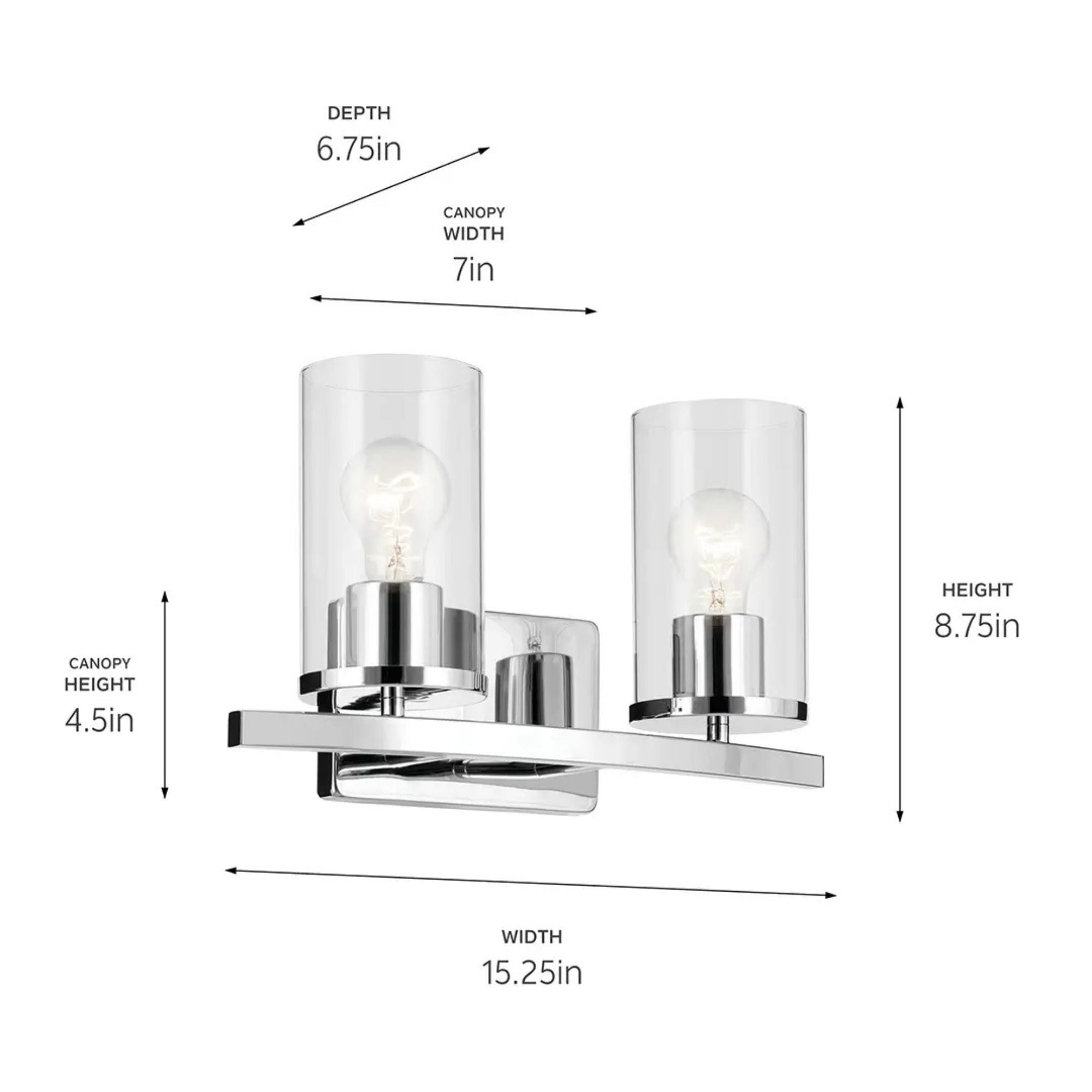 Crosby 15" 2-Light Bath Vanity Light, Chrome Finish, Etched Glass